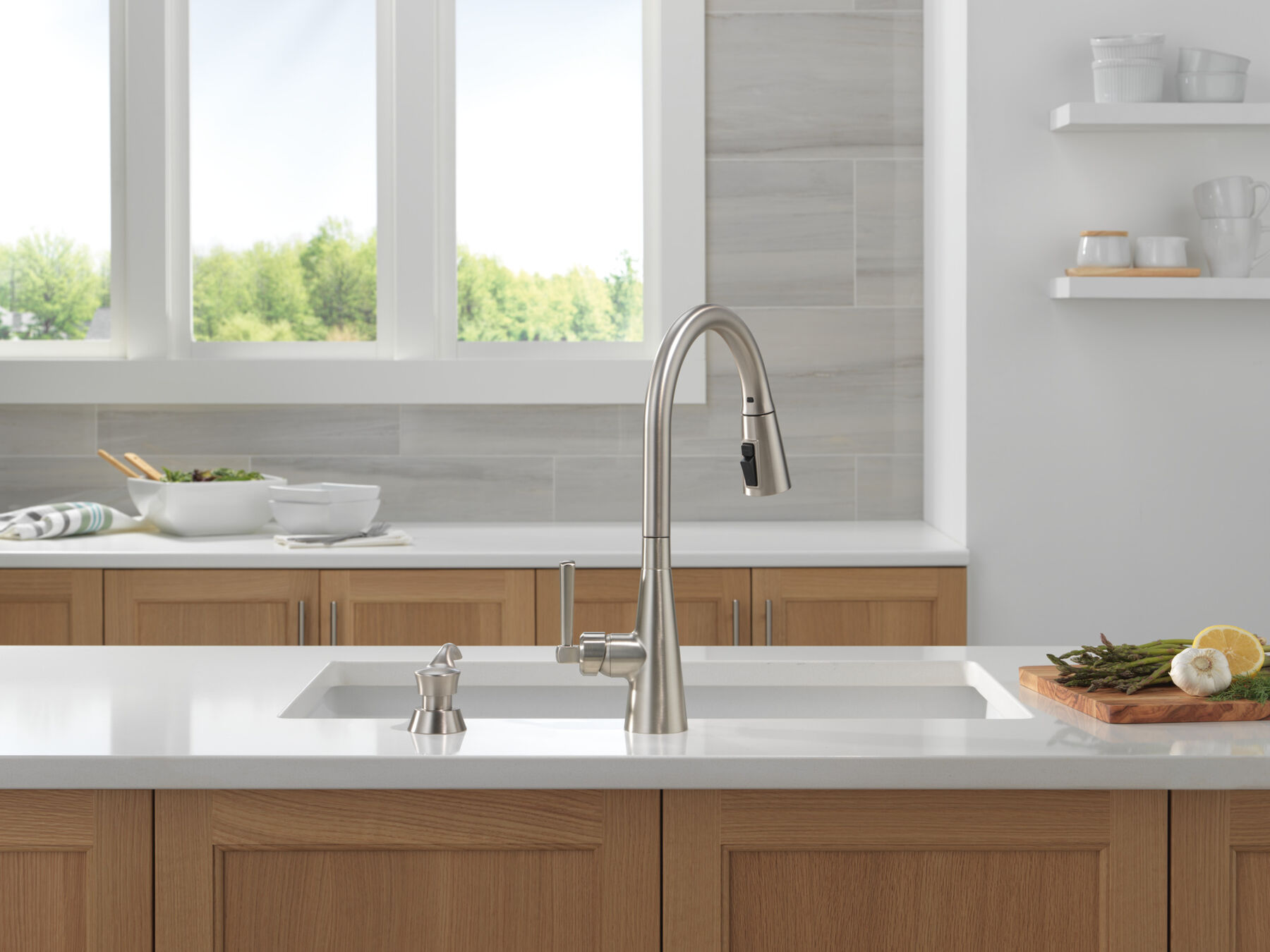 Single Handle Pull-Down Kitchen Faucet with Soap Dispenser and ShieldSpray Technology