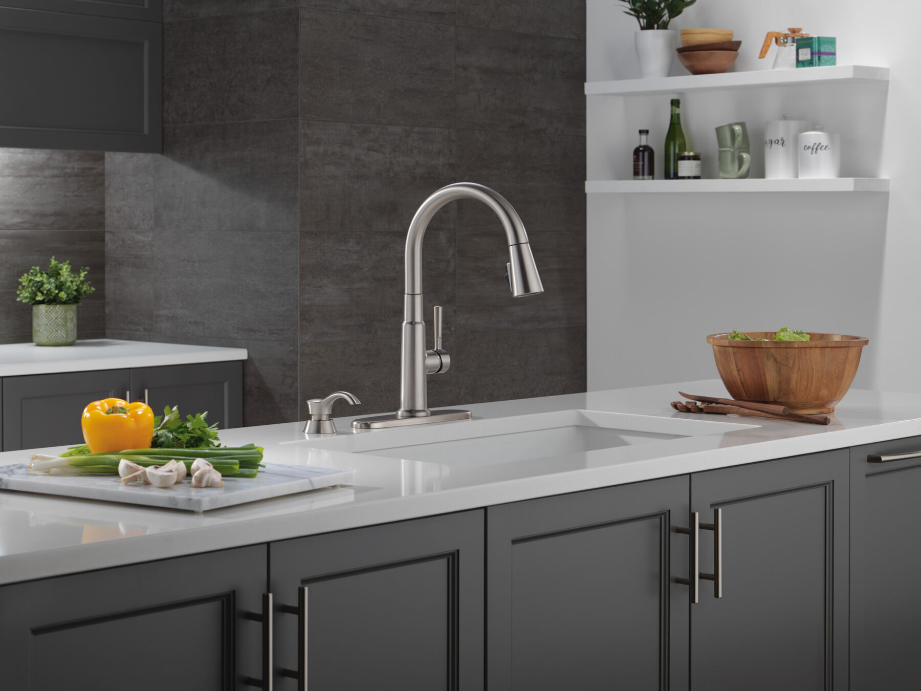 Single Handle Pull-Down Kitchen Faucet with Soap Dispenser and ShieldSpray&reg; Technology