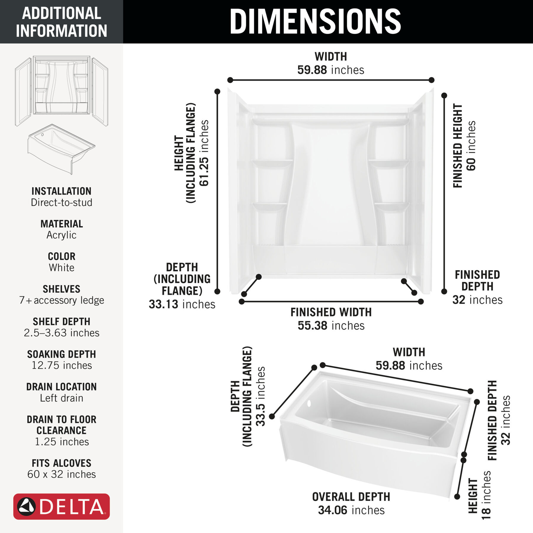 60x32 Alcove Bathtub Bundle without Door - Left Drain