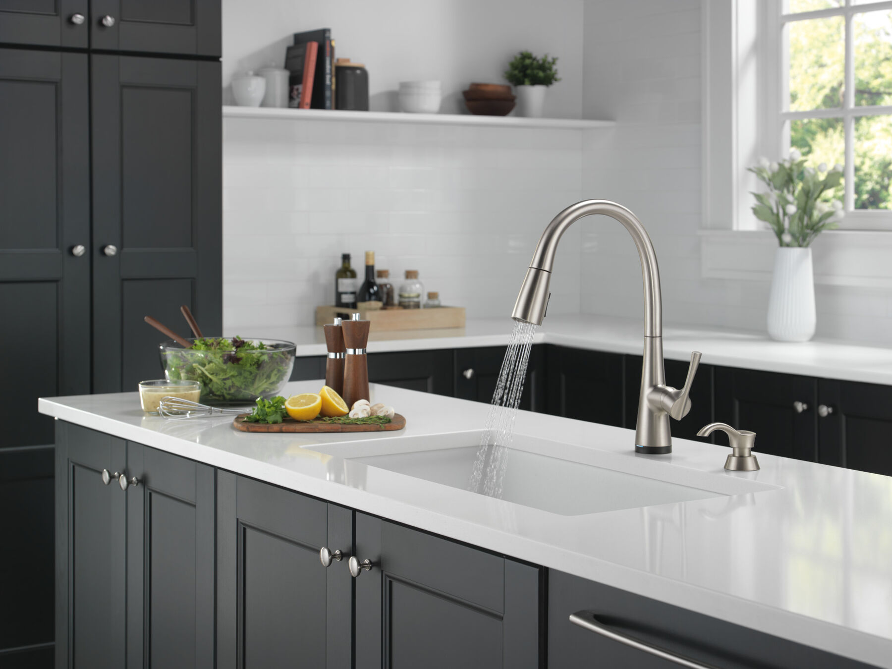 Single Handle Pull-Down Kitchen Faucet with Soap Dispenser and Touch<sub>2</sub>O&reg;  Technology