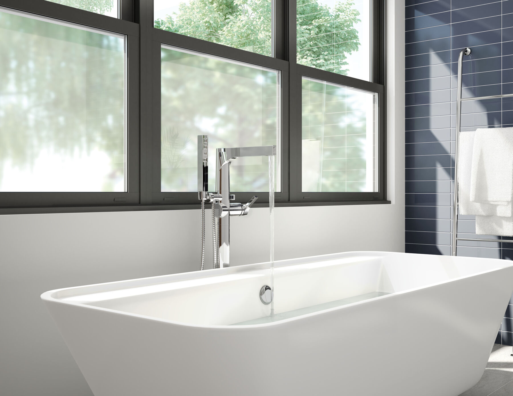 Single Handle Floor Mount Tub Filler Trim with Hand Shower (Recertified)