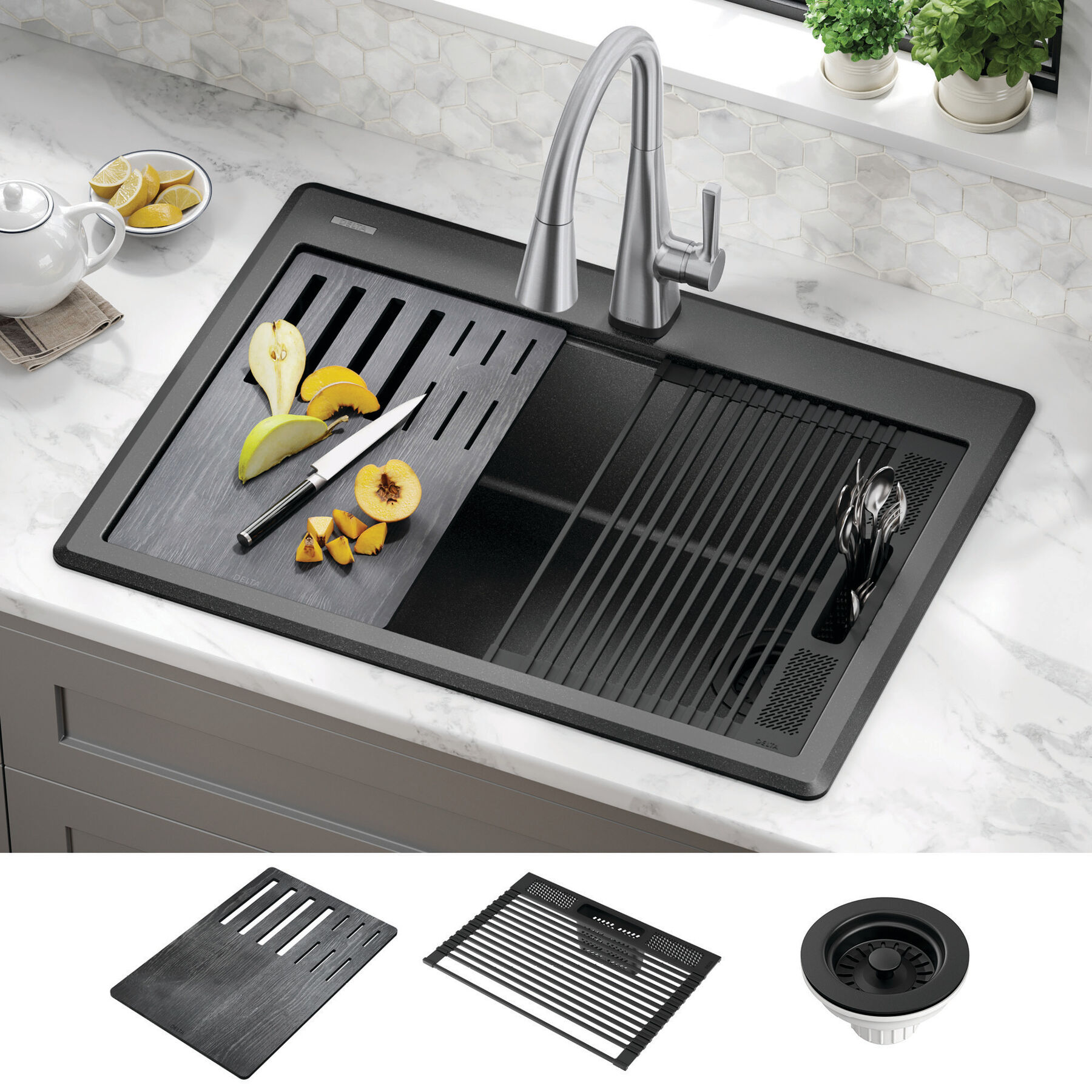 30&rdquo; Granite Composite Workstation Kitchen Sink Drop-In Top Mount Single Bowl with WorkFlow&trade; Ledge and Accessories in Black