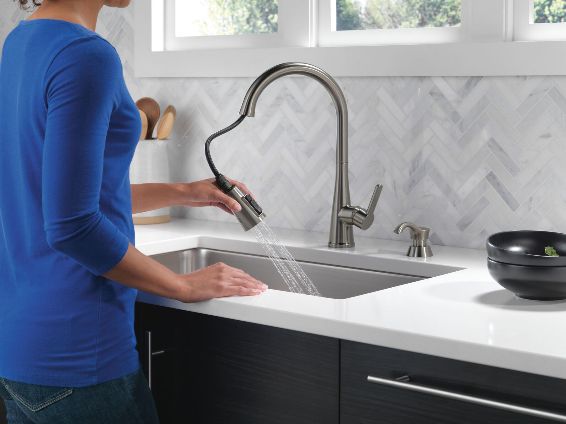 Single Handle Pull-Down Kitchen Faucet with Soap Dispenser and ShieldSpray&reg; Technology