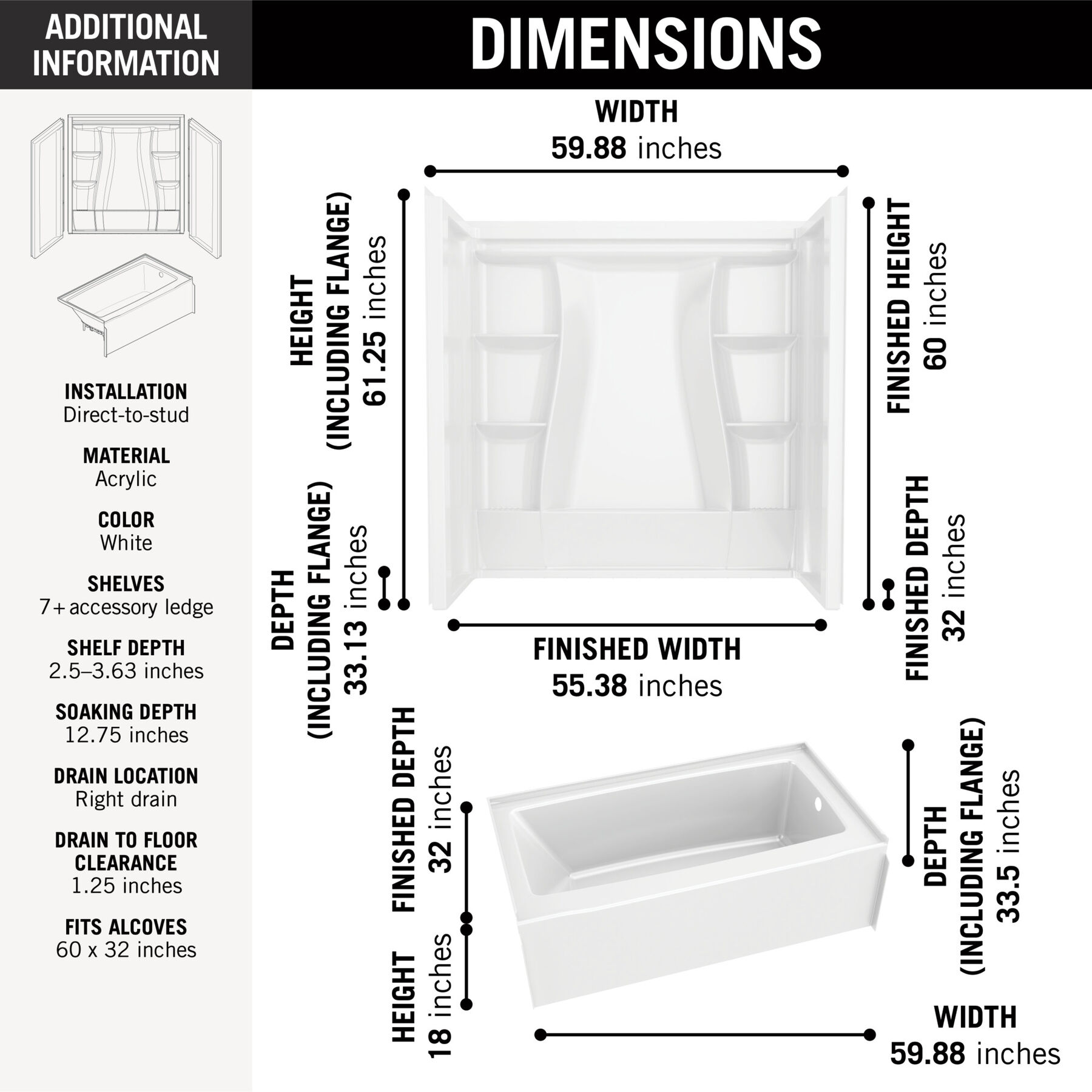 60x32 Alcove Bathtub Bundle - Right
