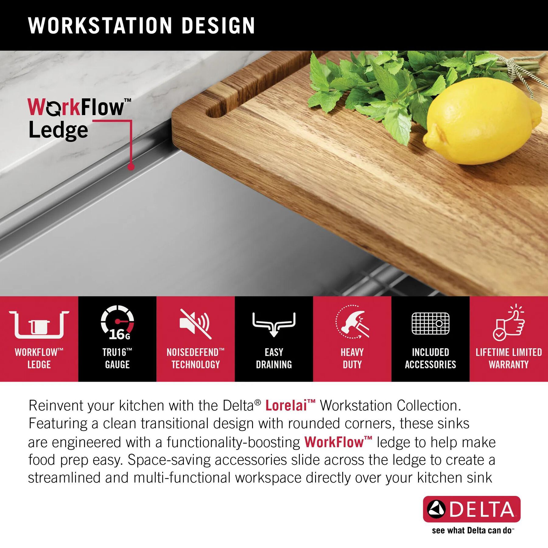 23&rdquo; Workstation Undermount&nbsp;Single Bowl&nbsp;16 Gauge Stainless Steel&nbsp;Kitchen Sink&nbsp;with&nbsp;WorkFlow&trade; Ledge and Accessories