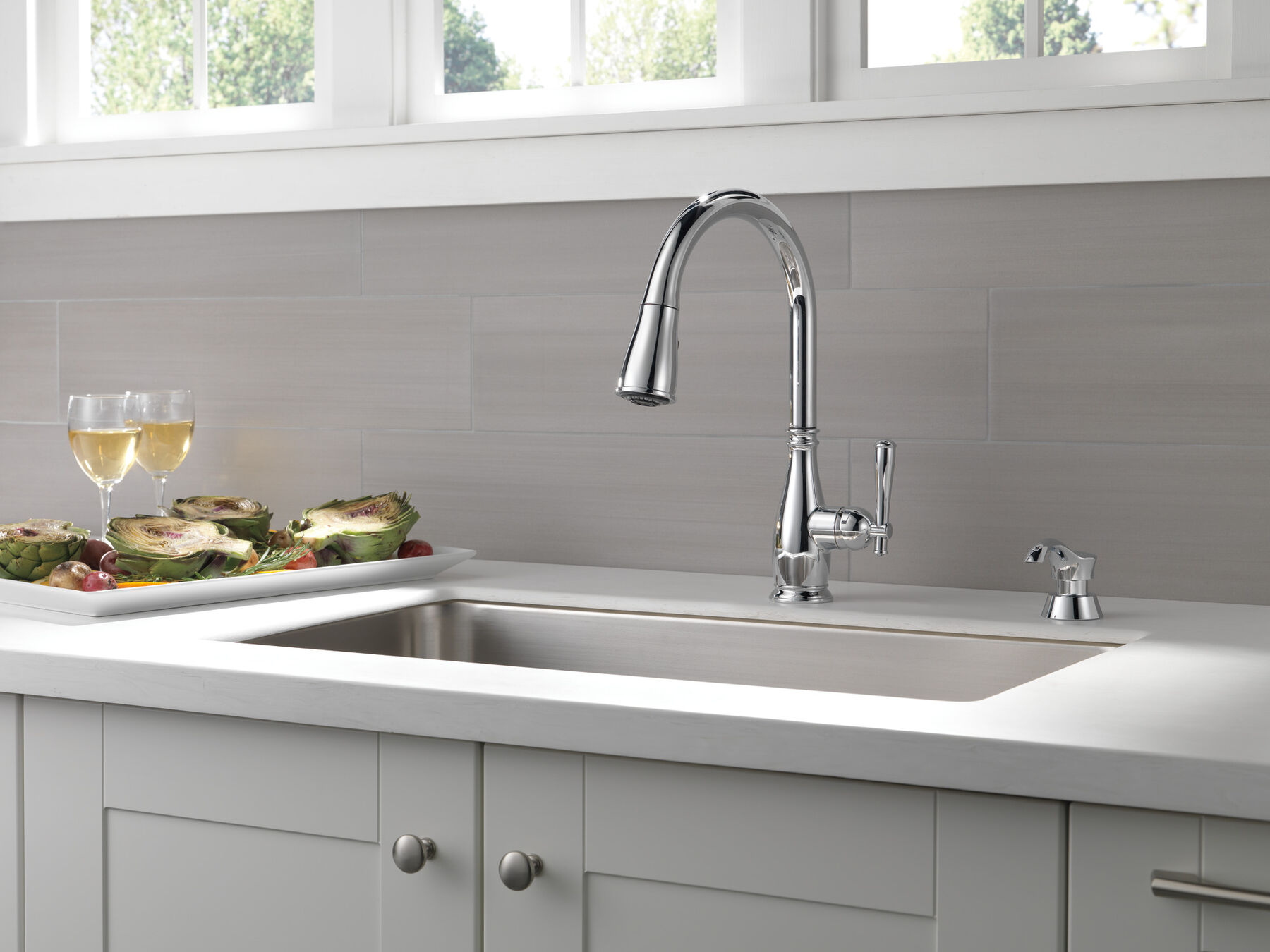Single Handle Pull-Down Kitchen Faucet with Soap Dispenser and ShieldSpray