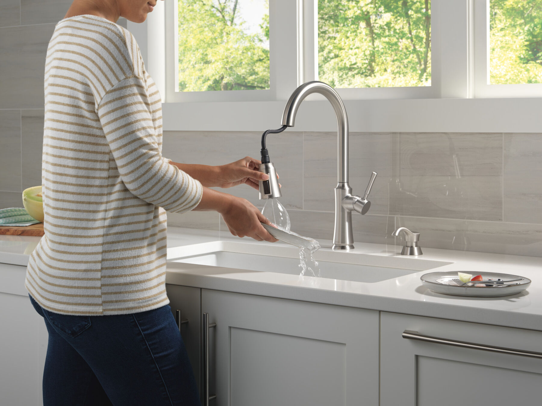 Single Handle Pull-Down Kitchen Faucet with Soap Dispenser and ShieldSpray Technology