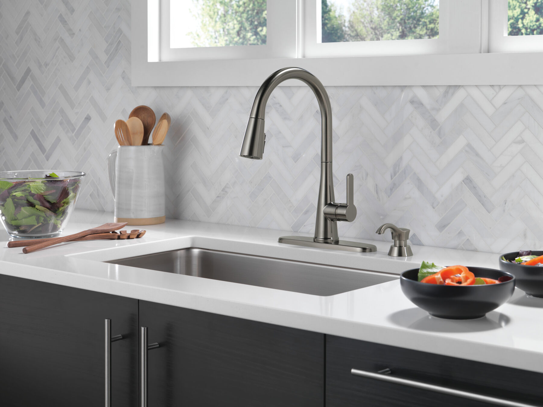 Single Handle Pull-Down Kitchen Faucet with Soap Dispenser and ShieldSpray&reg; Technology