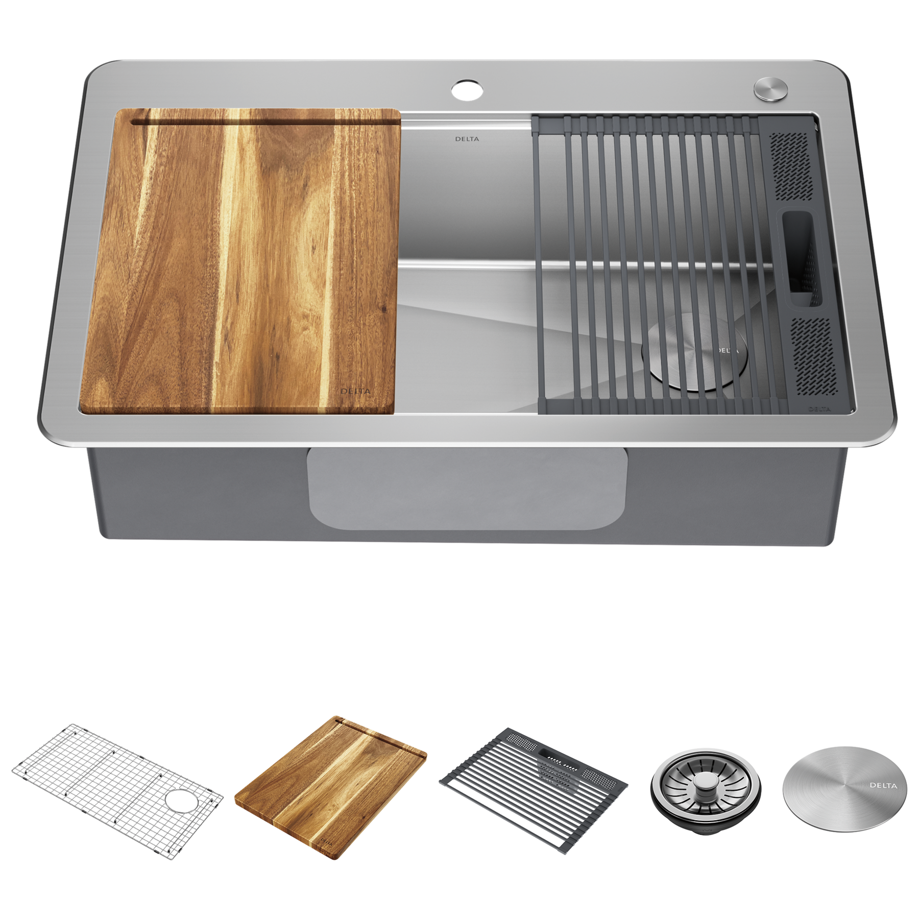 DELTA&reg; Lorelai&trade; 33&rdquo; Workstation Kitchen Sink&nbsp;Drop-In Top Mount&nbsp;16 Gauge&nbsp;Stainless Steel Single Bowl with&nbsp;WorkFlow&trade; Ledge and Accessories