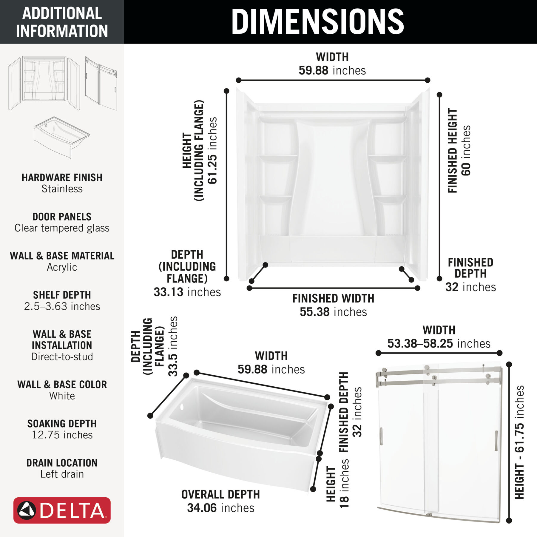 60x32 Alcove Bathtub Bundle with Door - Left Drain