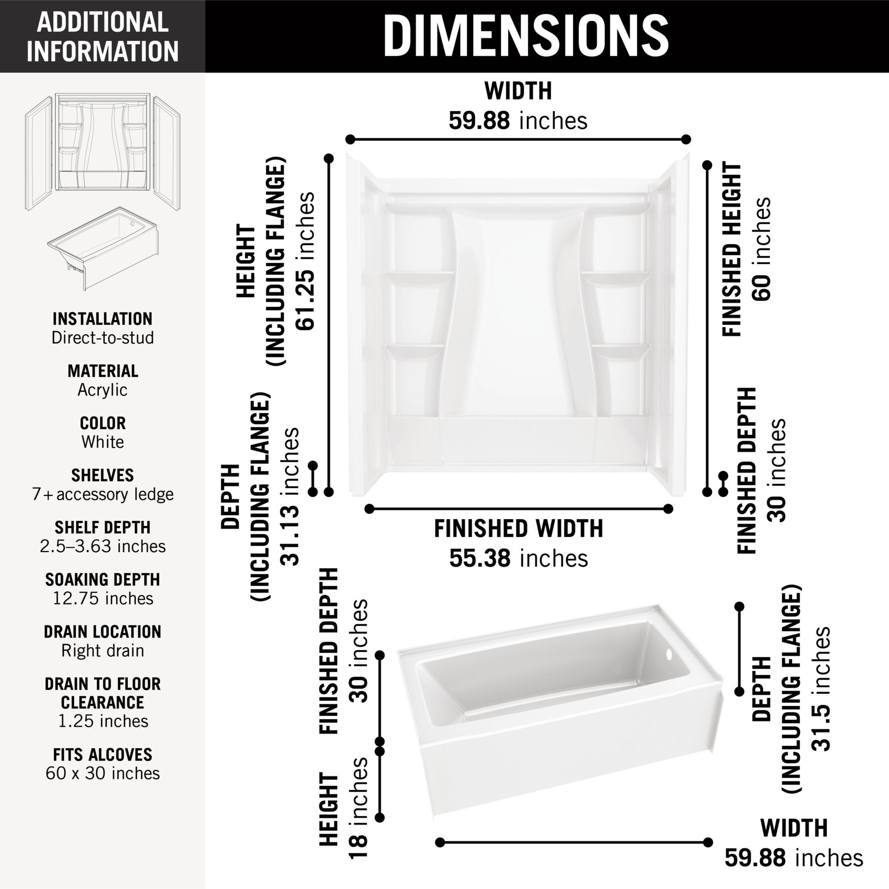 60x30 Alcove Bathtub Bundle - Right