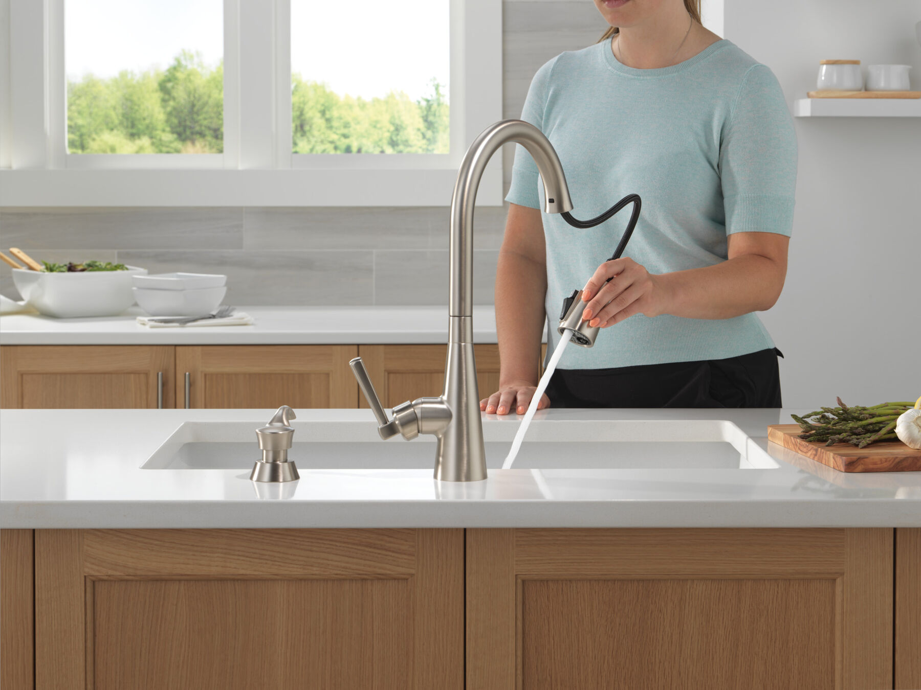Single Handle Pull-Down Kitchen Faucet with Soap Dispenser and ShieldSpray Technology