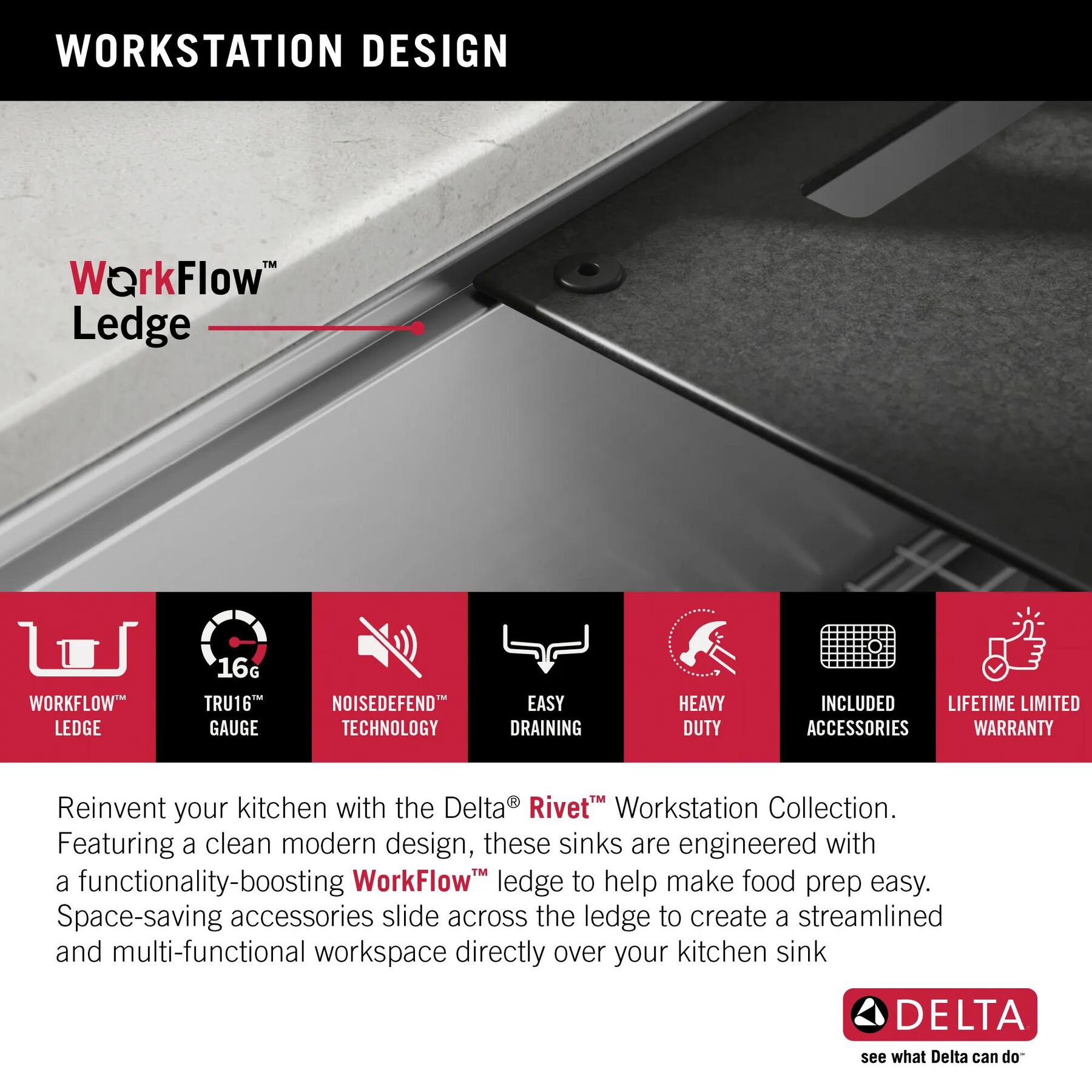 23&rdquo; Workstation Undermount&nbsp;Single Bowl&nbsp;16 Gauge Stainless Steel&nbsp;Kitchen Sink&nbsp;with&nbsp;WorkFlow&trade; Ledge and Accessories