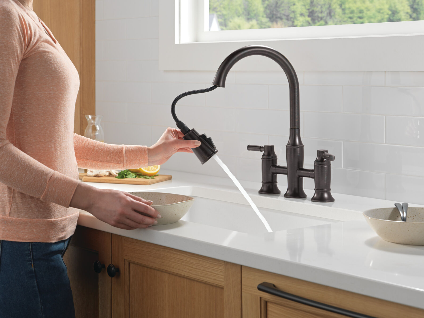 Two Handle Pull-Down Bridge Kitchen Faucet