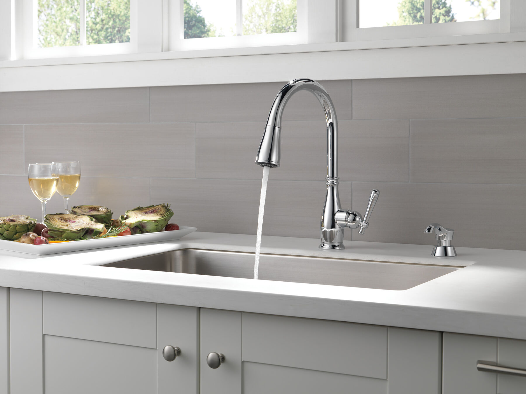 Single Handle Pull-Down Kitchen Faucet with Soap Dispenser and ShieldSpray