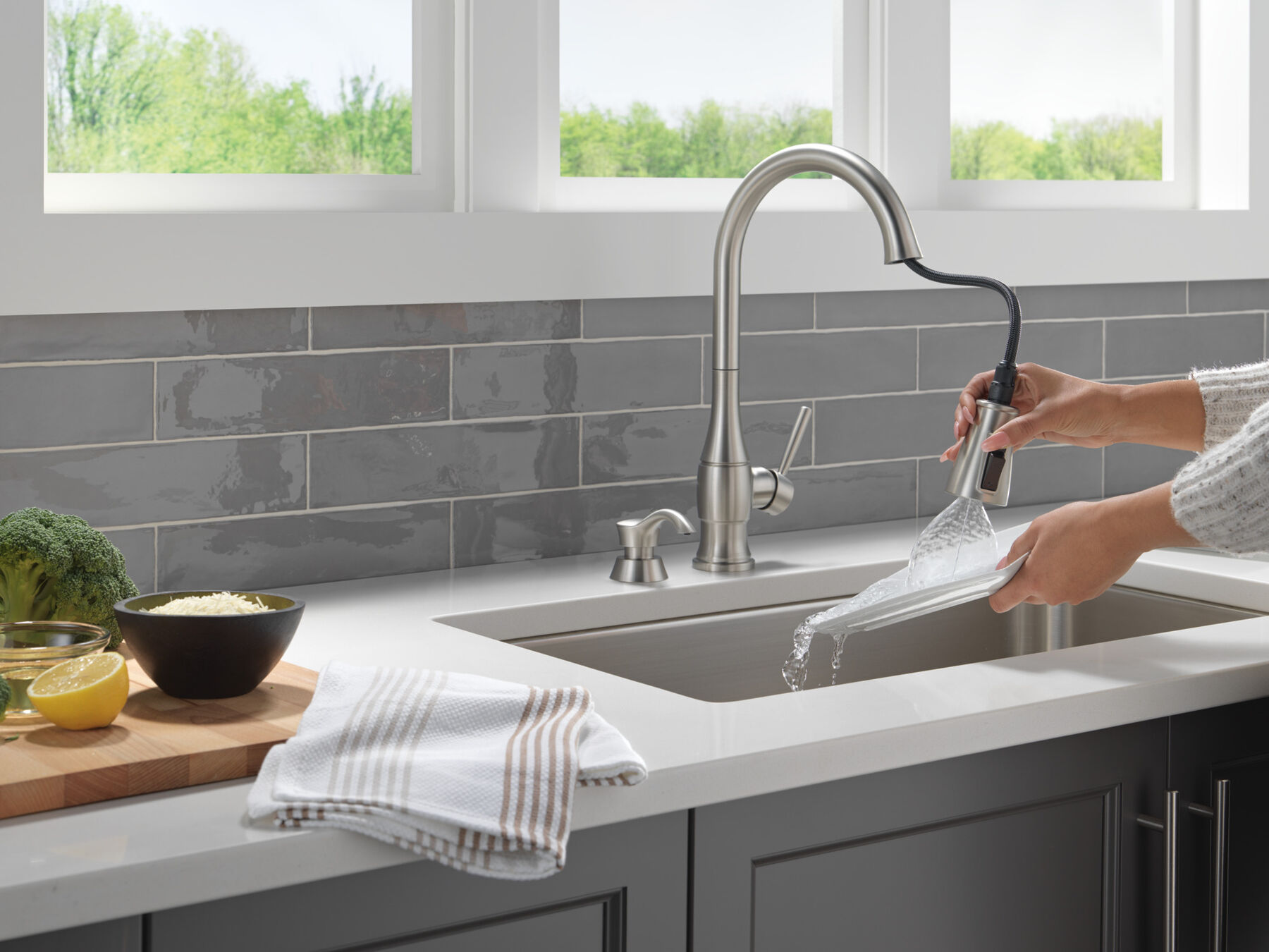 Single Handle Pull-Down Kitchen Faucet with Soap Dispenser and ShieldSpray Technology