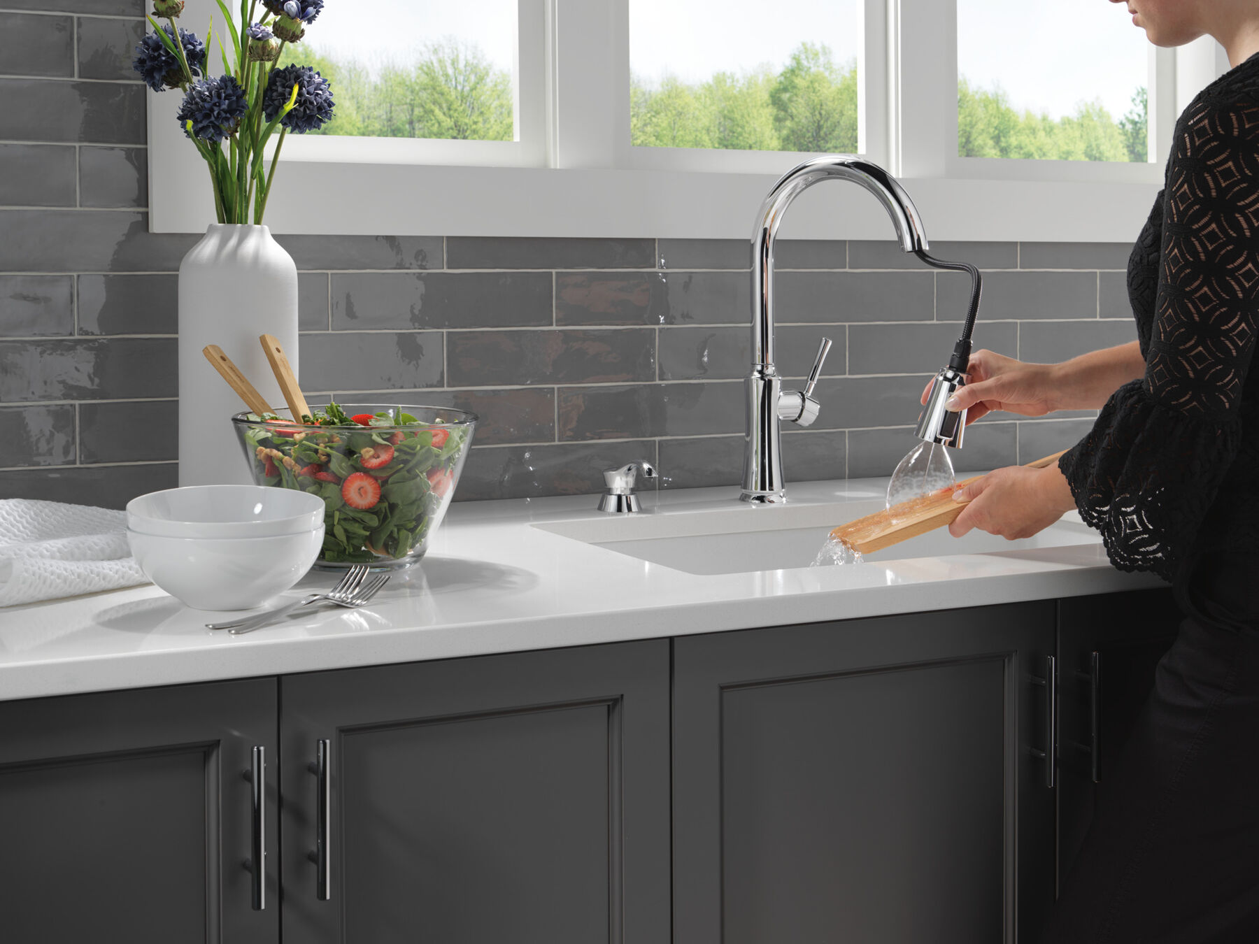 Single Handle Pull-Down Kitchen Faucet with Soap Dispenser and ShieldSpray Technology