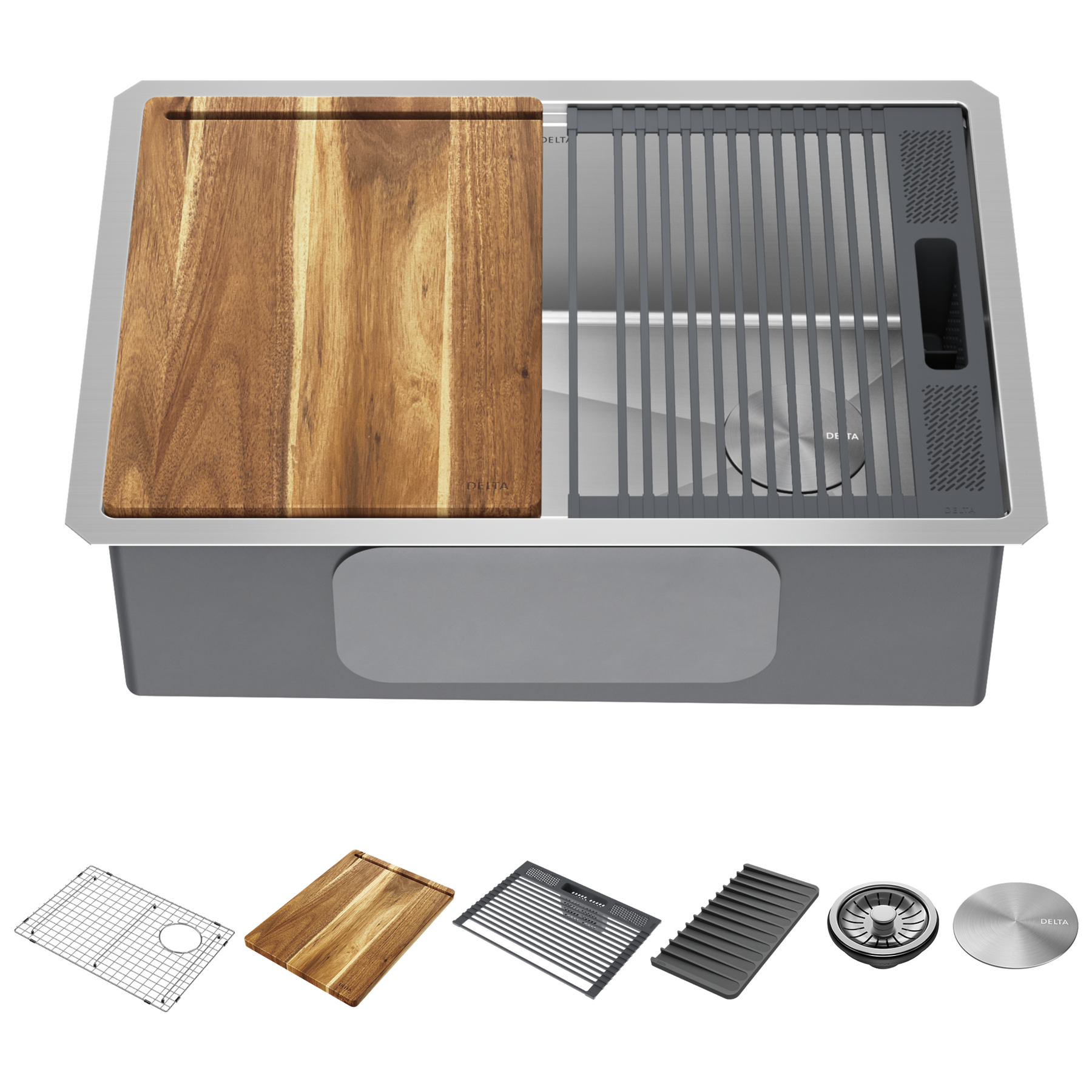DELTA&reg; Lorelai&trade; 27&rdquo; Workstation Kitchen Sink Undermount 16 Gauge Stainless Steel Single Bowl with WorkFlow&trade; Ledge and Accessories
