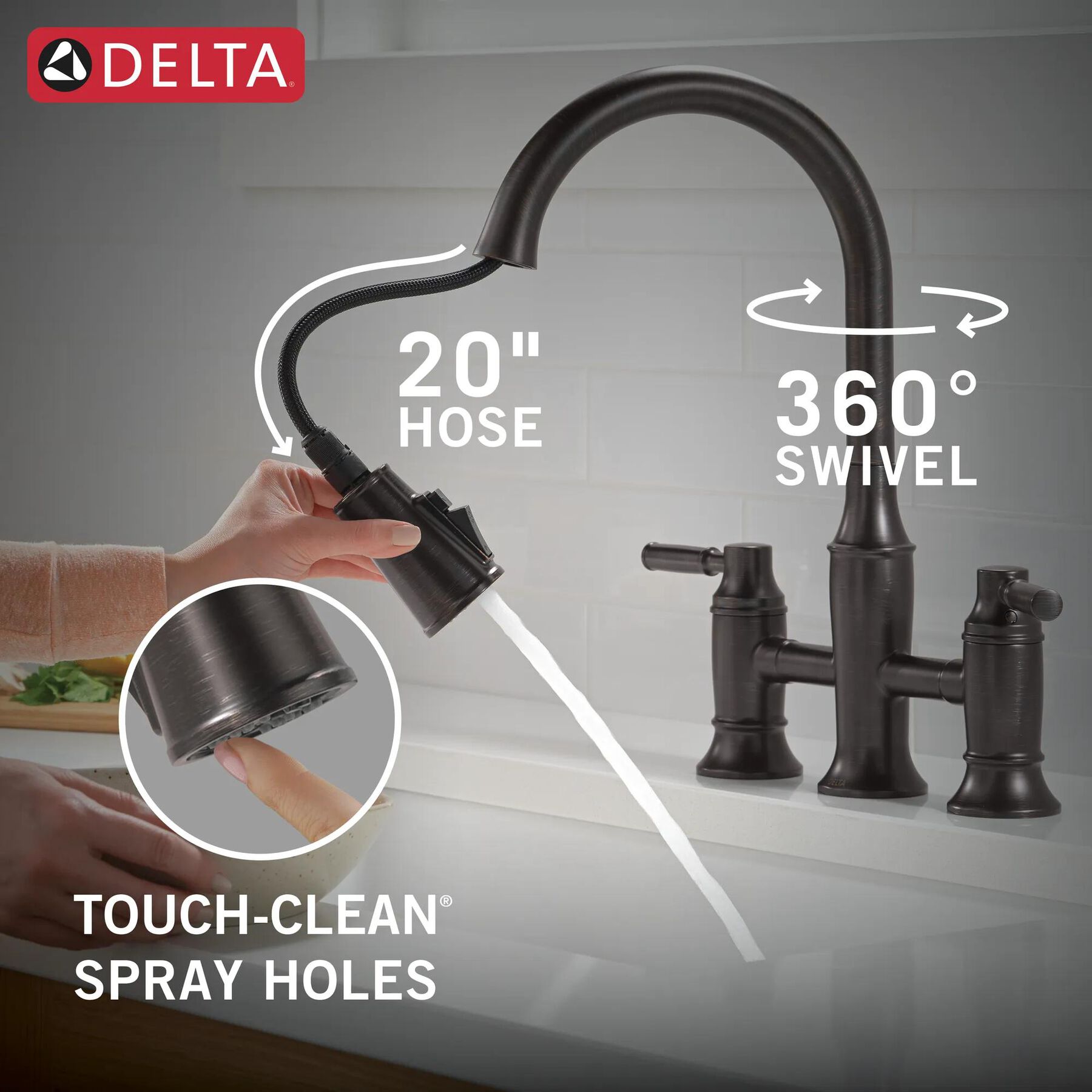 Two Handle Pull-Down Bridge Kitchen Faucet
