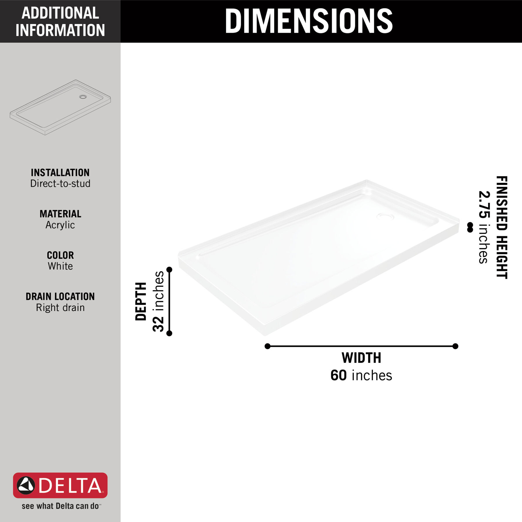 60&rdquo;x32&rdquo; Right Drain Corner Shower Base