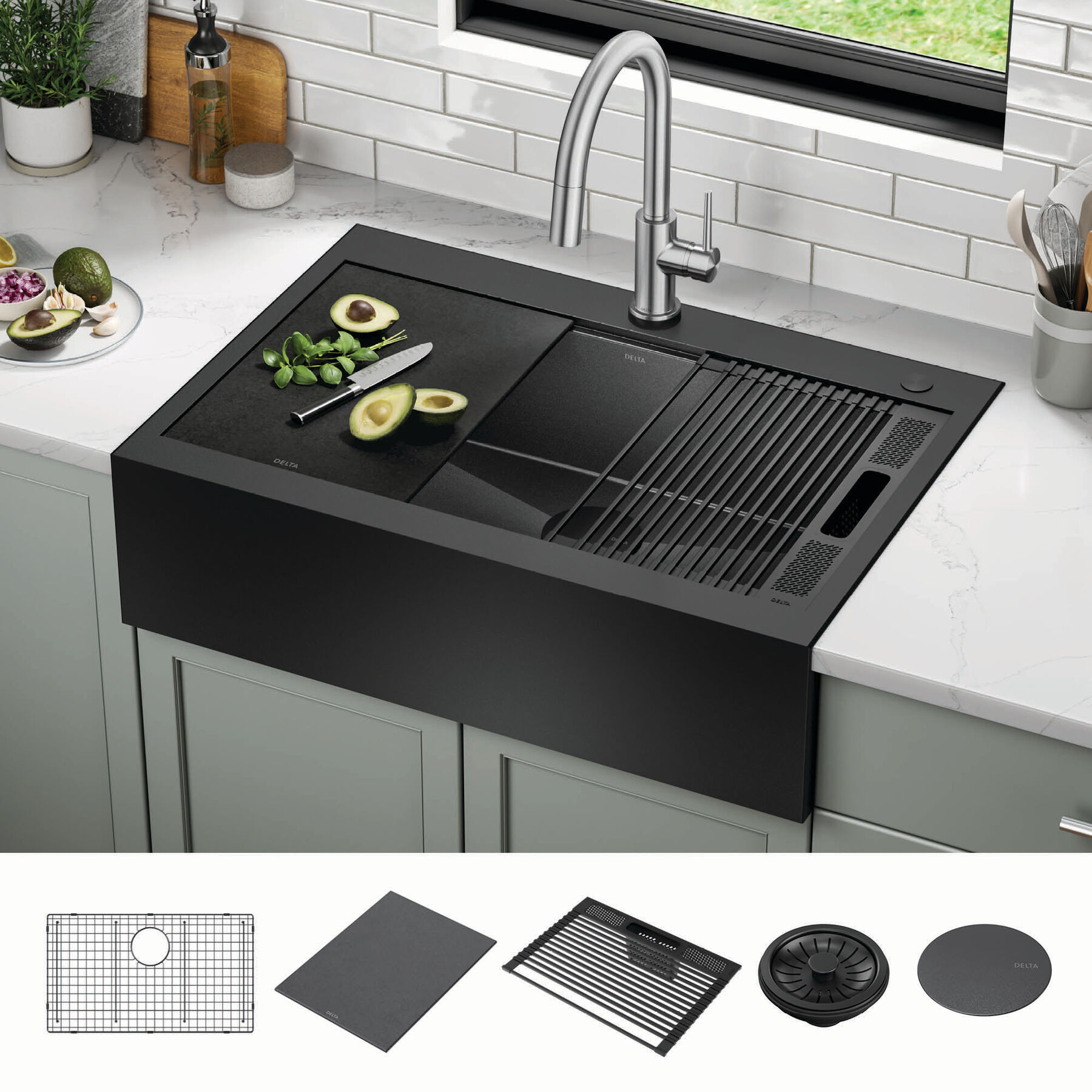 33&rdquo; Retrofit Farmhouse Apron Front 16 Gauge Workstation Kitchen Sink Single Bowl in with WorkFlow&trade; Ledge and&nbsp;Accessories for Top Mount Drop-In Installation