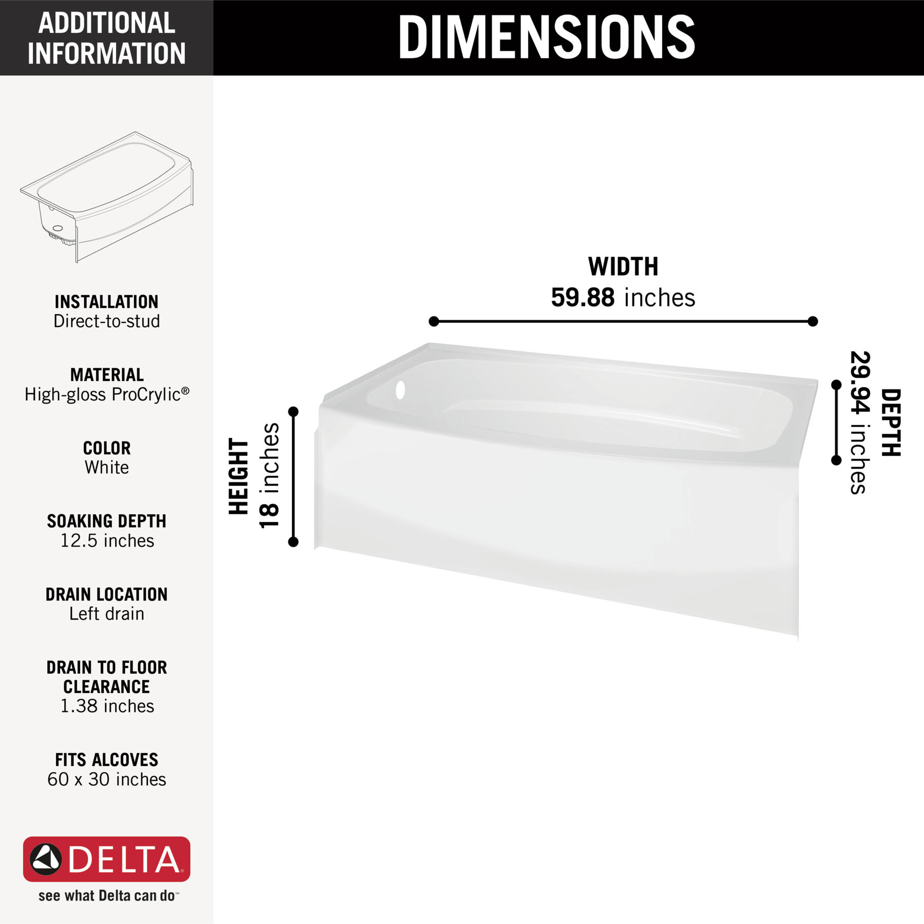 60" x 30" Curved Bathtub - Left Drain