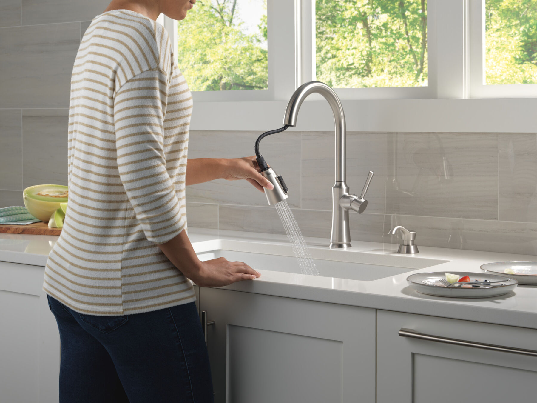 Single Handle Pull-Down Kitchen Faucet with Soap Dispenser and ShieldSpray Technology