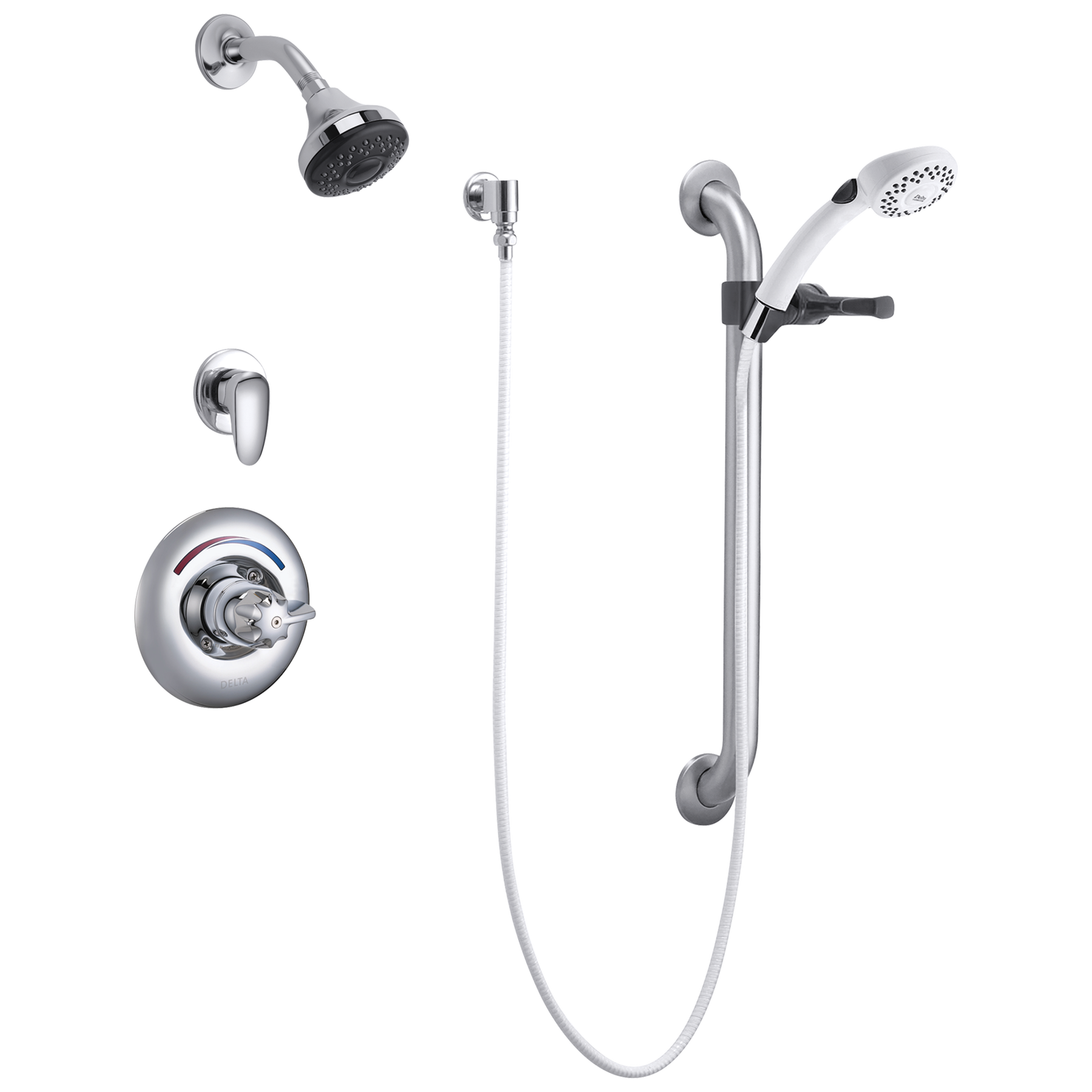 Universal Dual Shower Trim, Diverter, Hand Shower, and Grab Bar