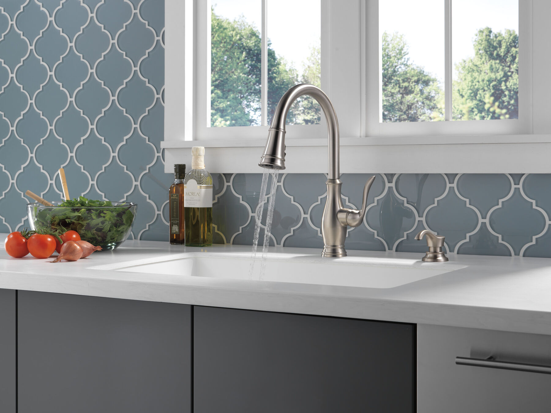 Single Handle Pull-Down Kitchen Faucet with Soap Dispenser and ShieldSpray