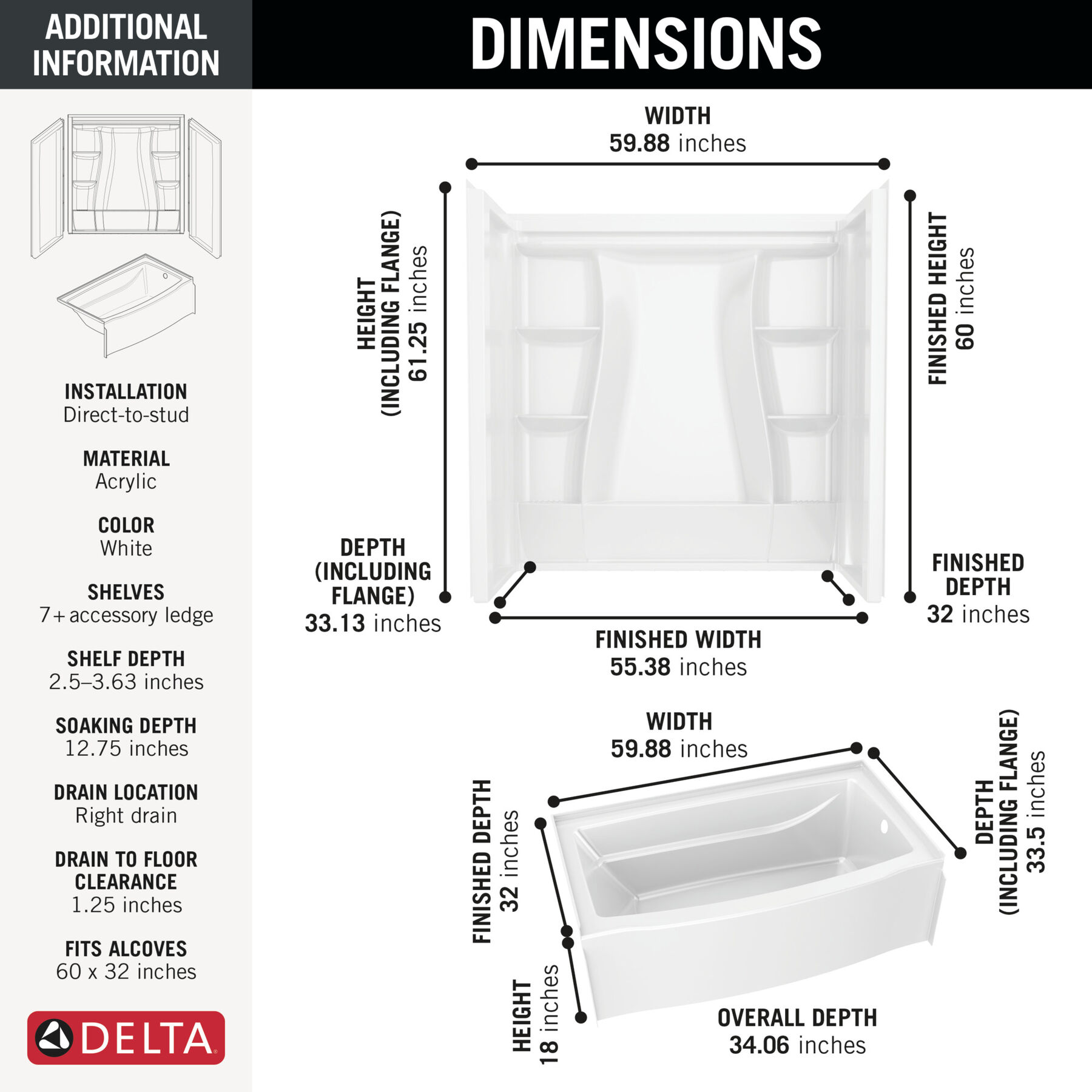 60x32 Alcove Bathtub Bundle without Door - Right Drain