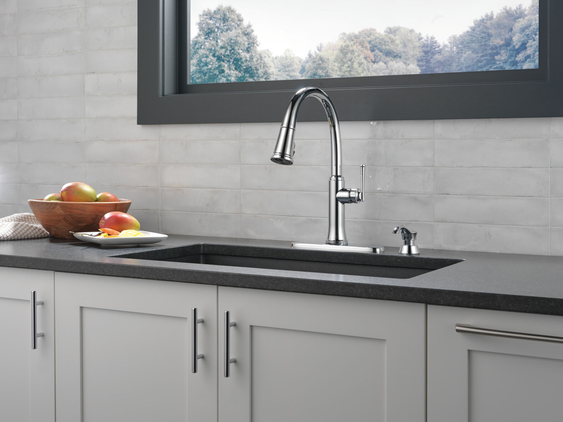 Single Handle Pull-Down Kitchen Faucet with Soap Dispenser and ShieldSpray Technology