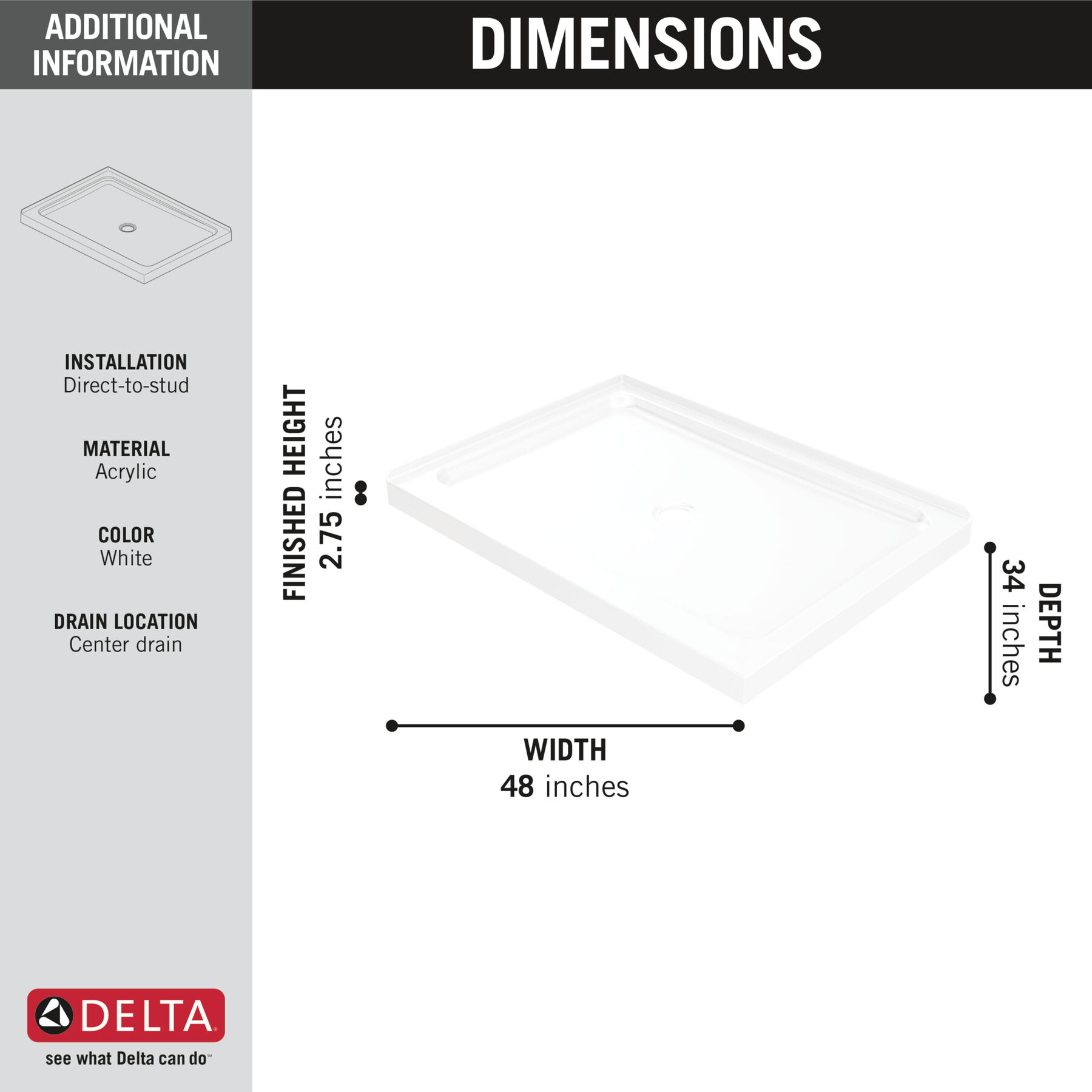 48&rdquo;x34&rdquo; Left Corner Center Drain Shower Base