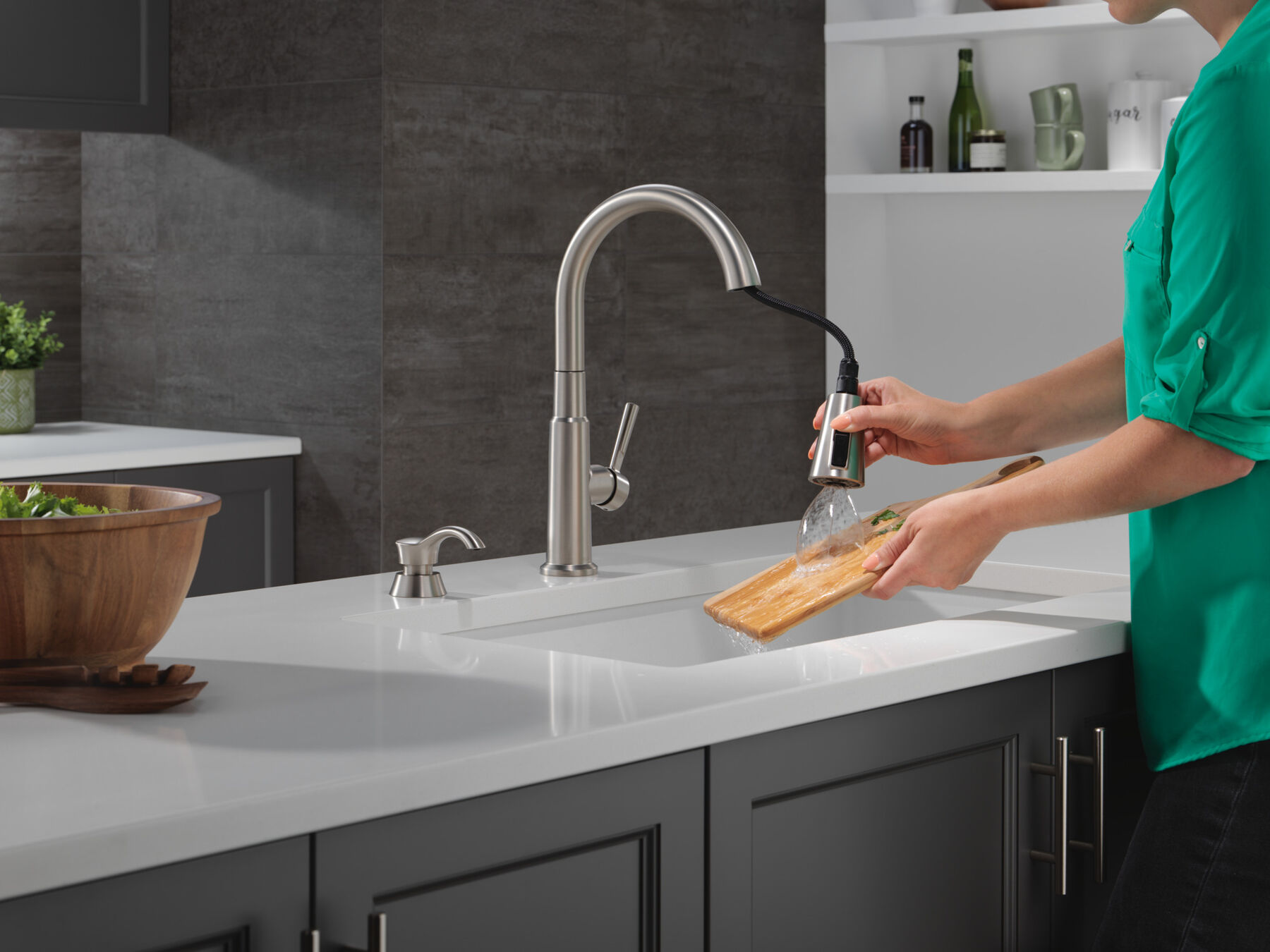 Single Handle Pull-Down Kitchen Faucet with Soap Dispenser and ShieldSpray&reg; Technology