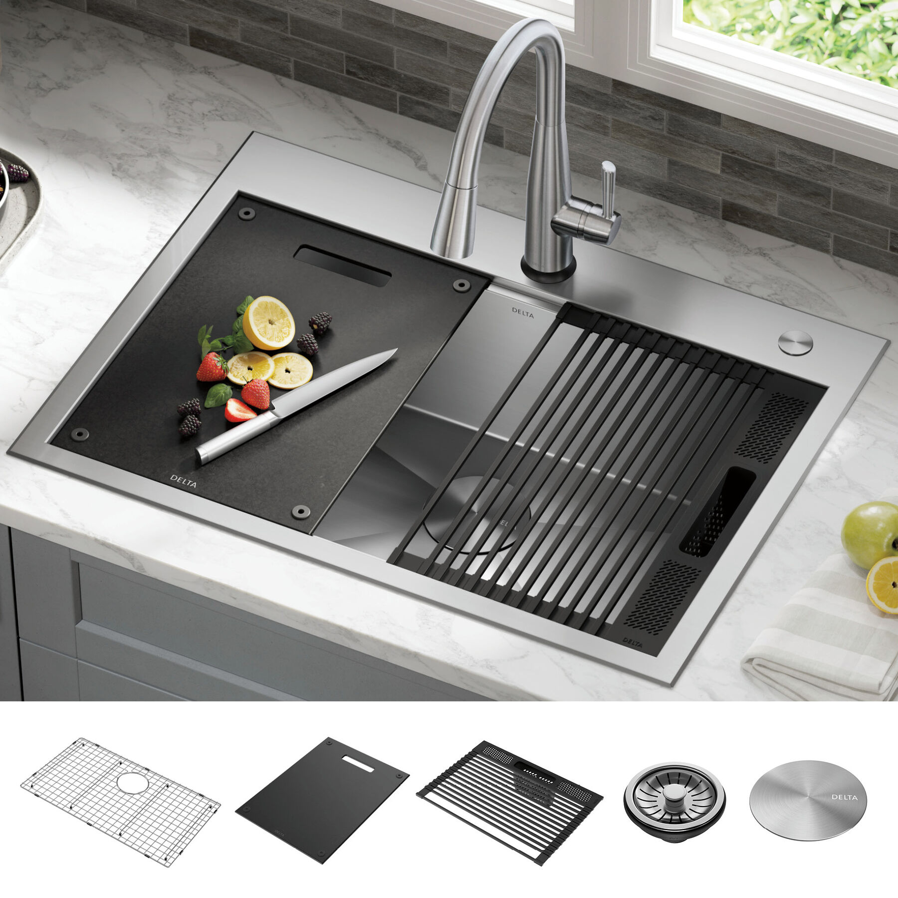 30&rdquo; Workstation Kitchen Sink&nbsp;Drop-In Top Mount&nbsp;16 Gauge&nbsp;Stainless Steel Single Bowl with&nbsp;WorkFlow&trade; Ledge&nbsp;and Accessories