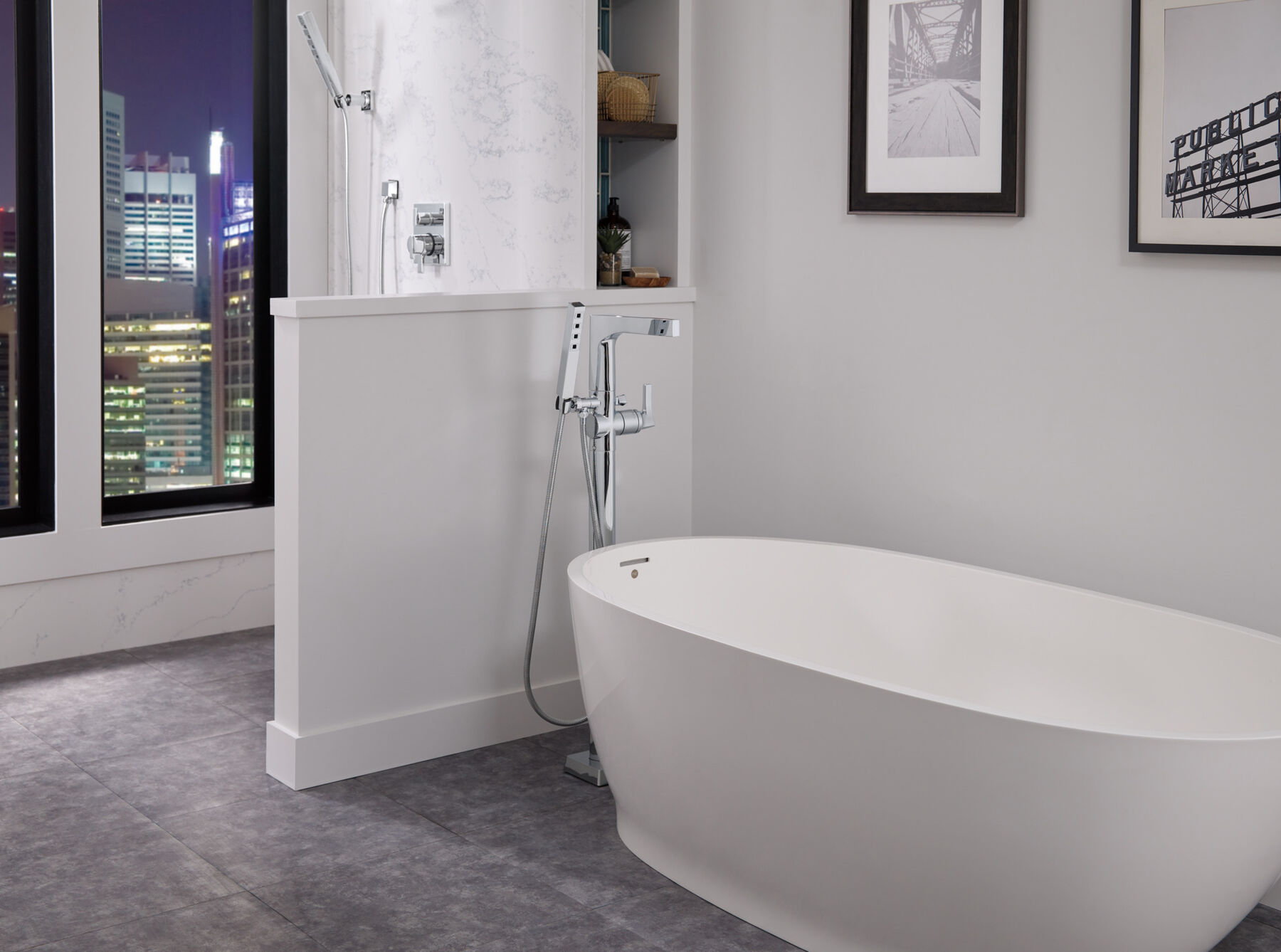 Single Handle Floor Mount Tub Filler Trim with Hand Shower (Recertified)