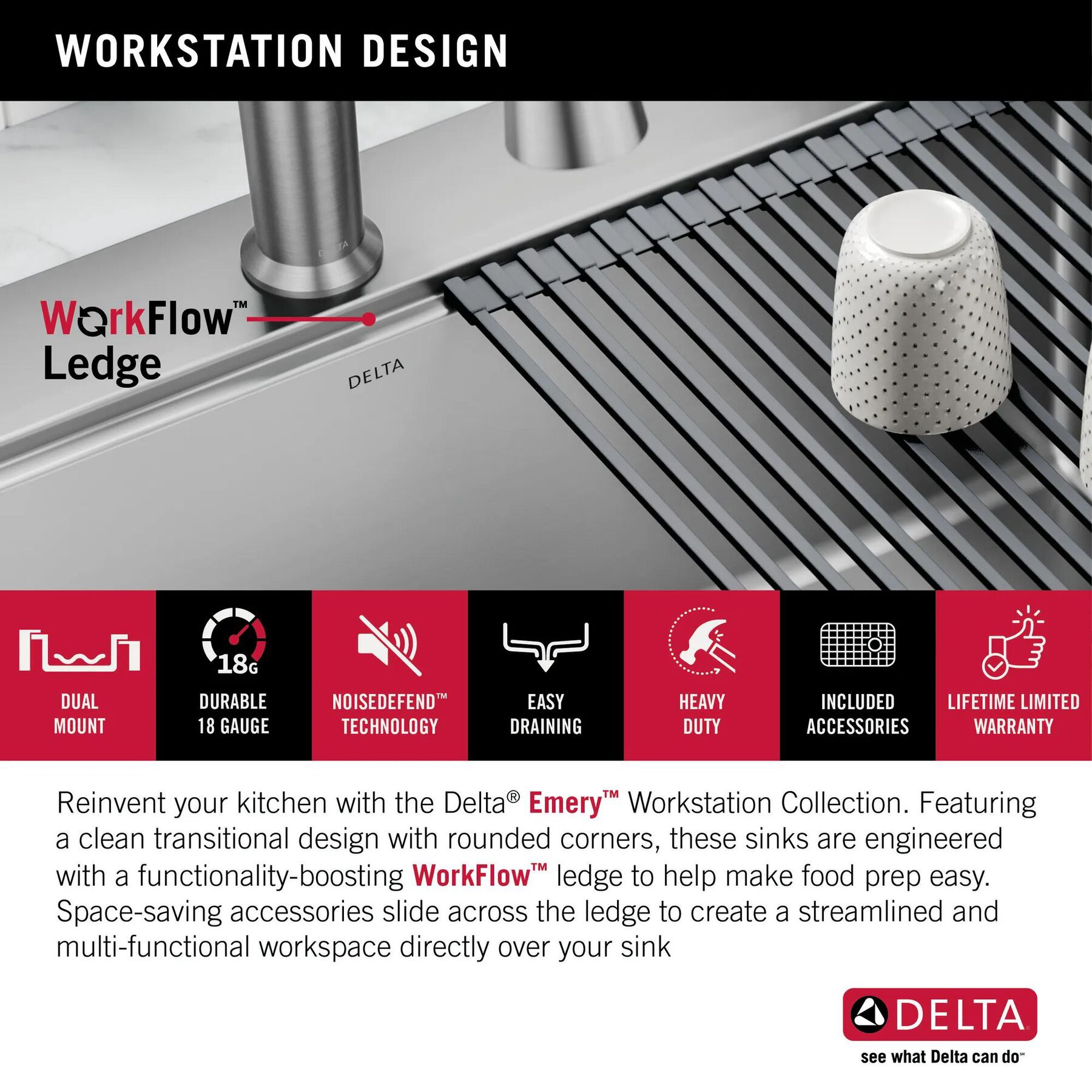 25&rdquo; Stainless Steel Workstation Kitchen Sink Drop-In Undermount Single Bowl with WorkFlow&trade; Ledge and Accessories