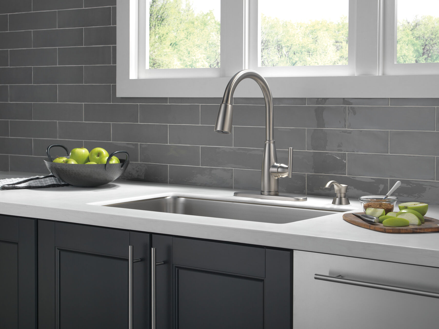 Single Handle Pull-Down Kitchen Faucet with Soap Dispenser and ShieldSpray Technology