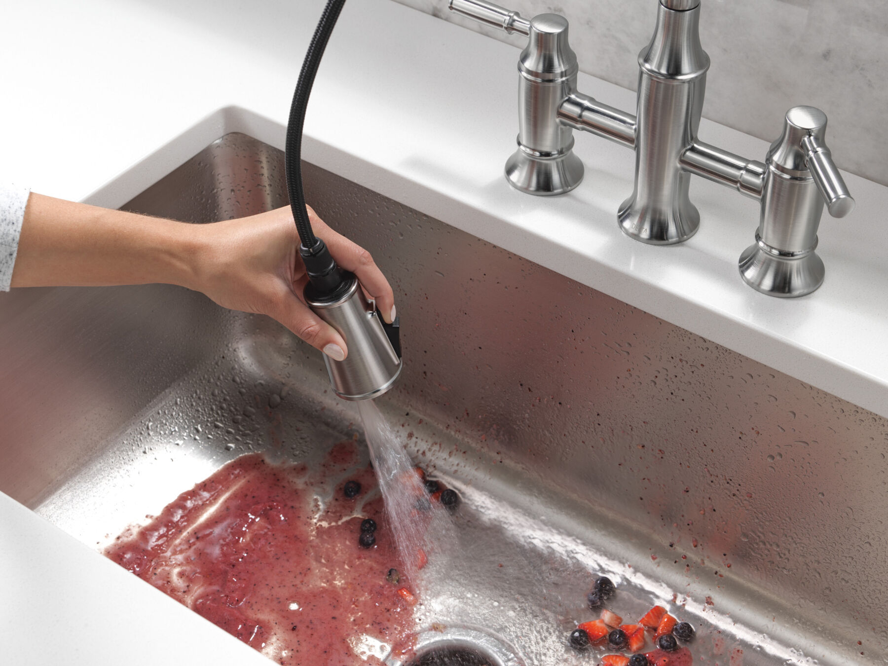 Two Handle Pull-Down Bridge Kitchen Faucet
