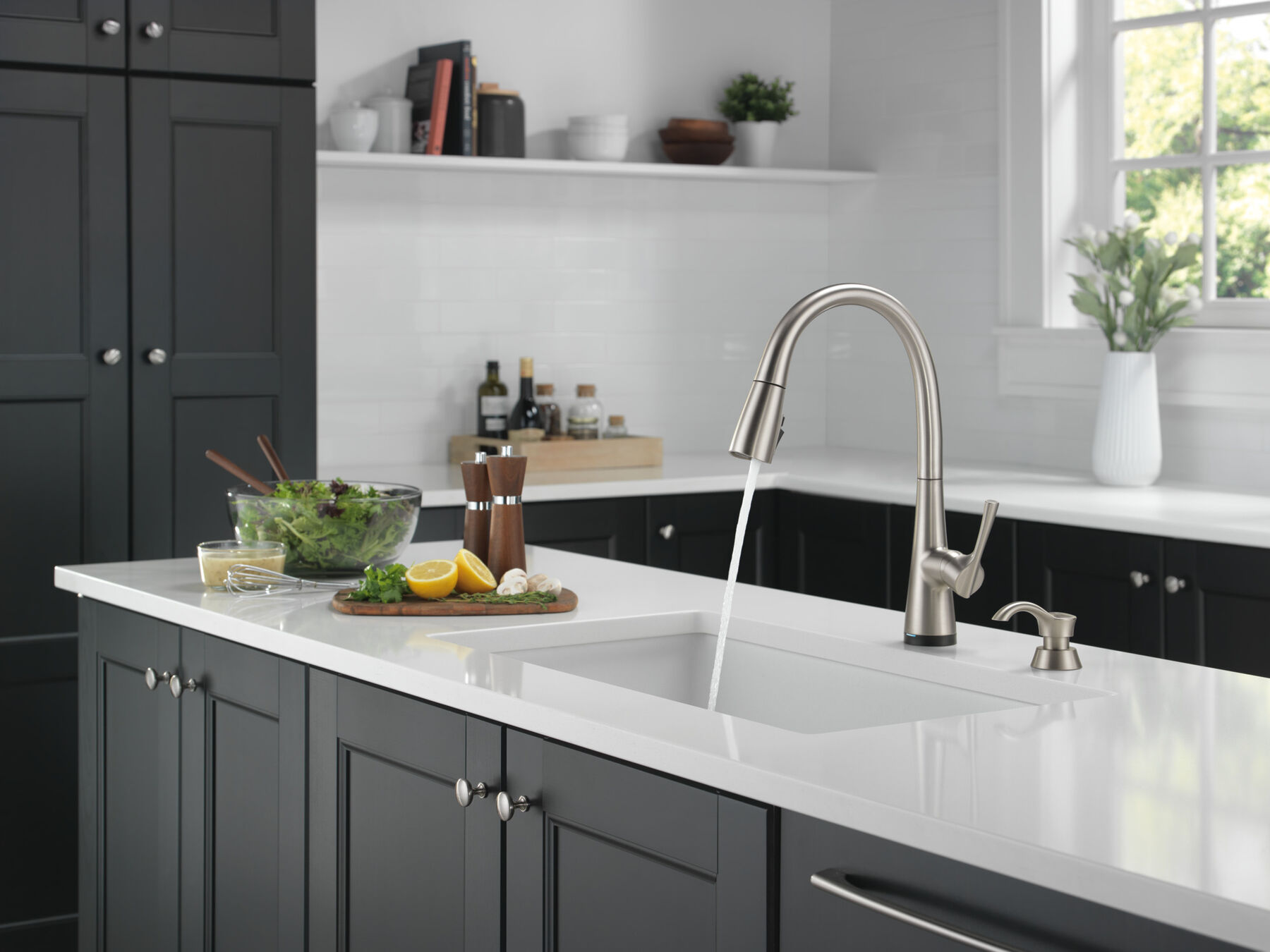 Single Handle Pull-Down Kitchen Faucet with Soap Dispenser and Touch<sub>2</sub>O&reg;  Technology