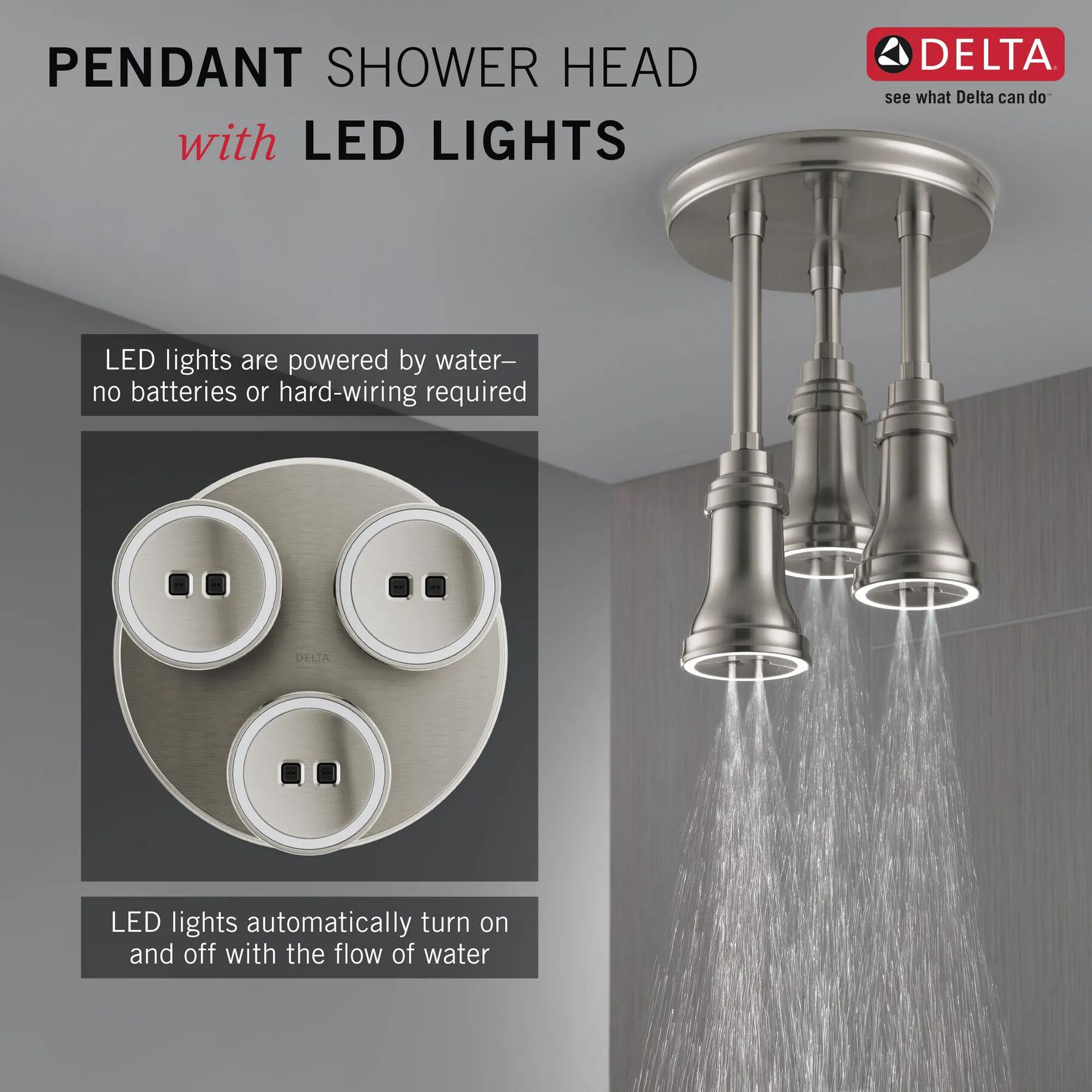 H2Okinetic&reg; Pendant Raincan Shower Head with LED Light