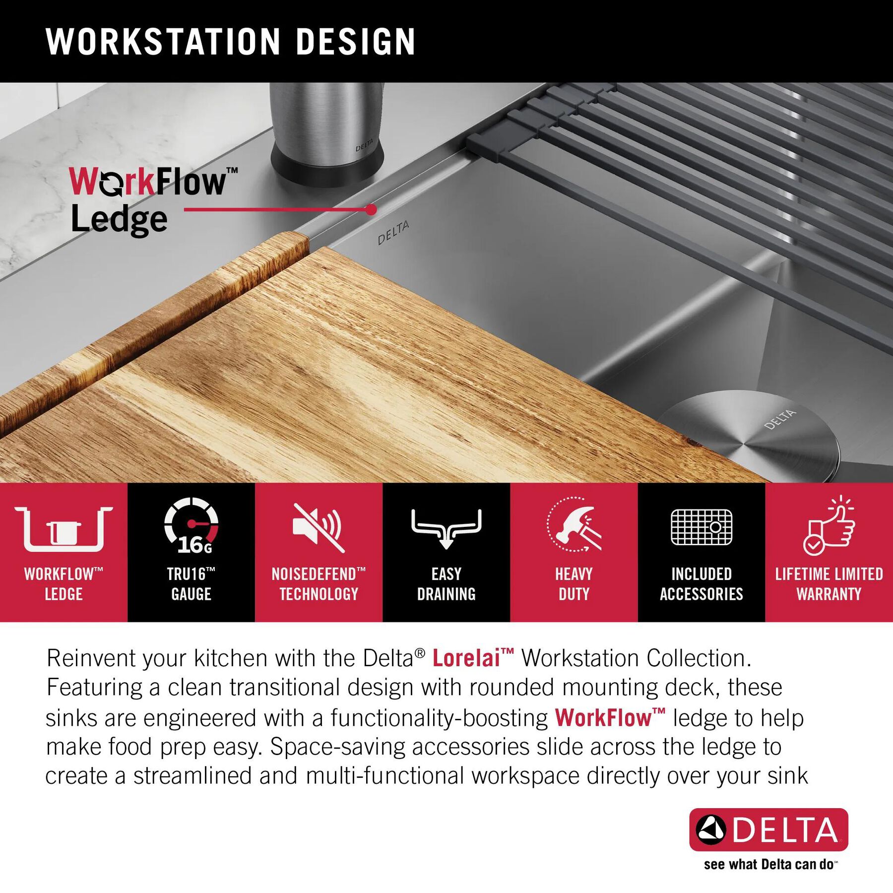33&rdquo; Workstation&nbsp;Drop-In Top Mount&nbsp;Double&nbsp;Bowl&nbsp;16 Gauge Stainless Steel&nbsp;Kitchen Sink&nbsp;with&nbsp;WorkFlow&trade; Ledge and Accessories