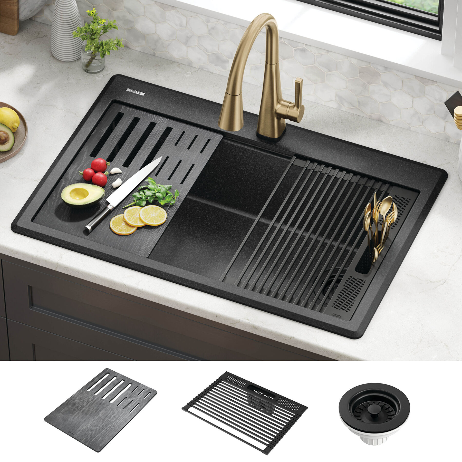 33&rdquo;&nbsp;Granite Composite&nbsp;Workstation Kitchen Sink&nbsp;Drop-In&nbsp;Top Mount&nbsp;Single Bowl with&nbsp;WorkFlow&trade; Ledge and Accessories