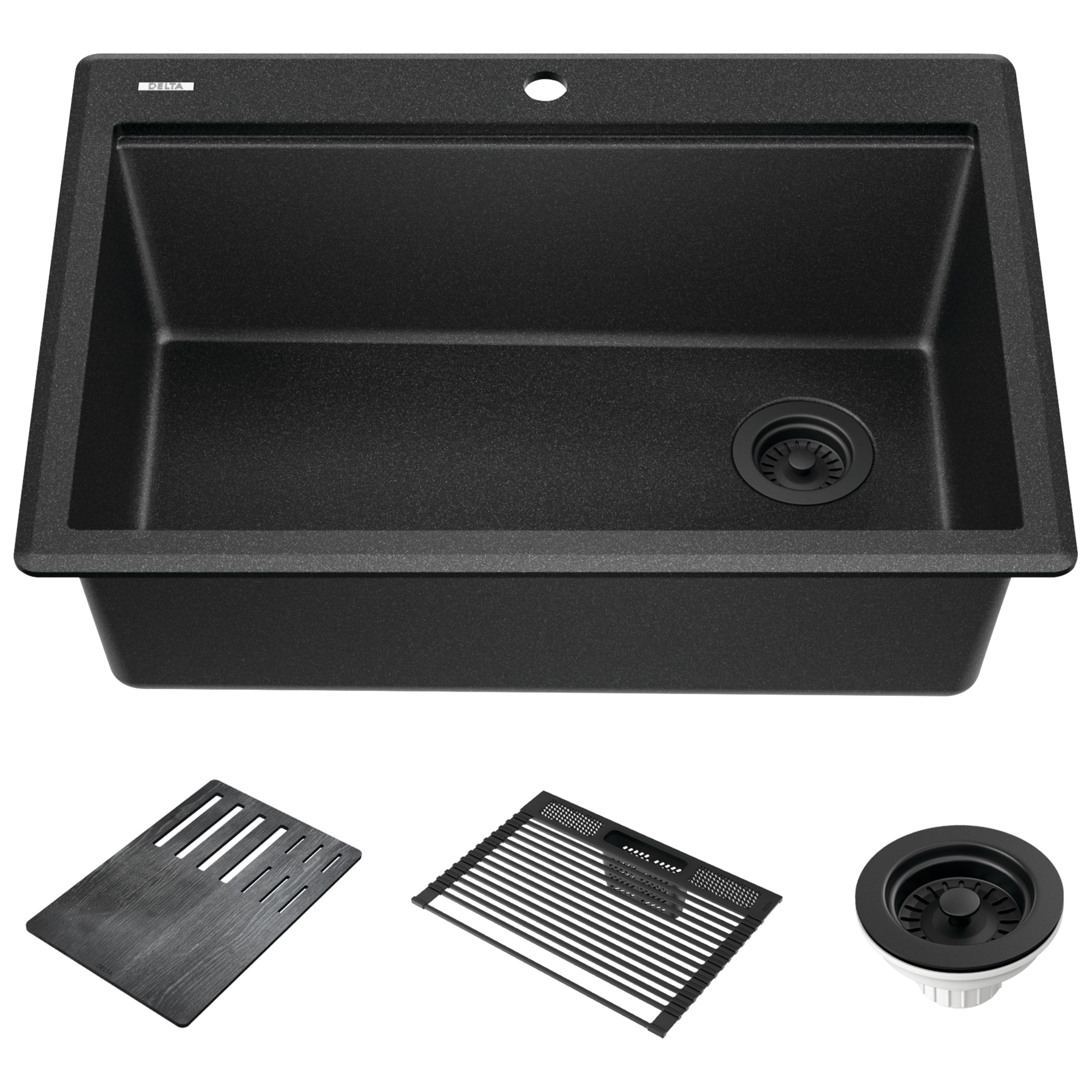 30&rdquo; Granite Composite Workstation Kitchen Sink Drop-In Top Mount Single Bowl with WorkFlow&trade; Ledge and Accessories in Black