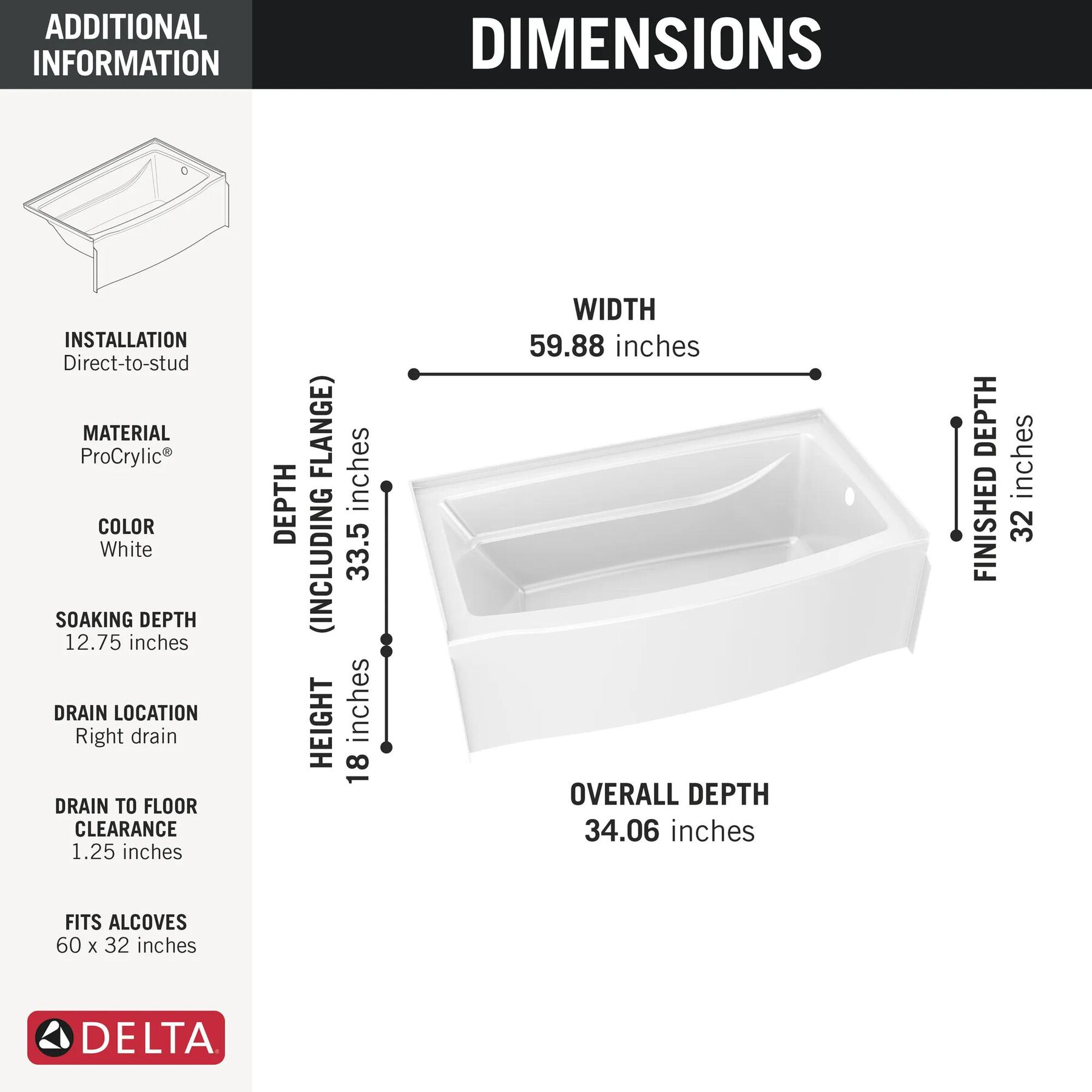 Classic 500 Curve Alcove Bathtub Right Drain 60x32"