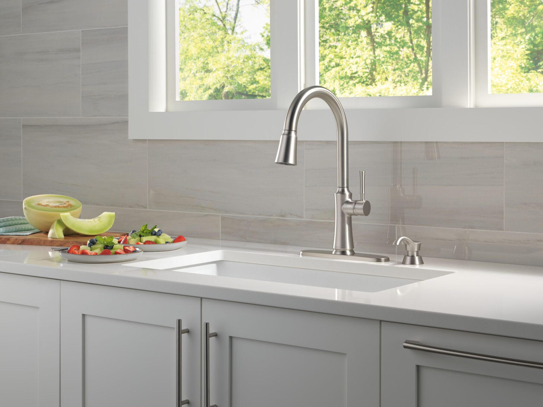 Single Handle Pull-Down Kitchen Faucet with Soap Dispenser and ShieldSpray Technology
