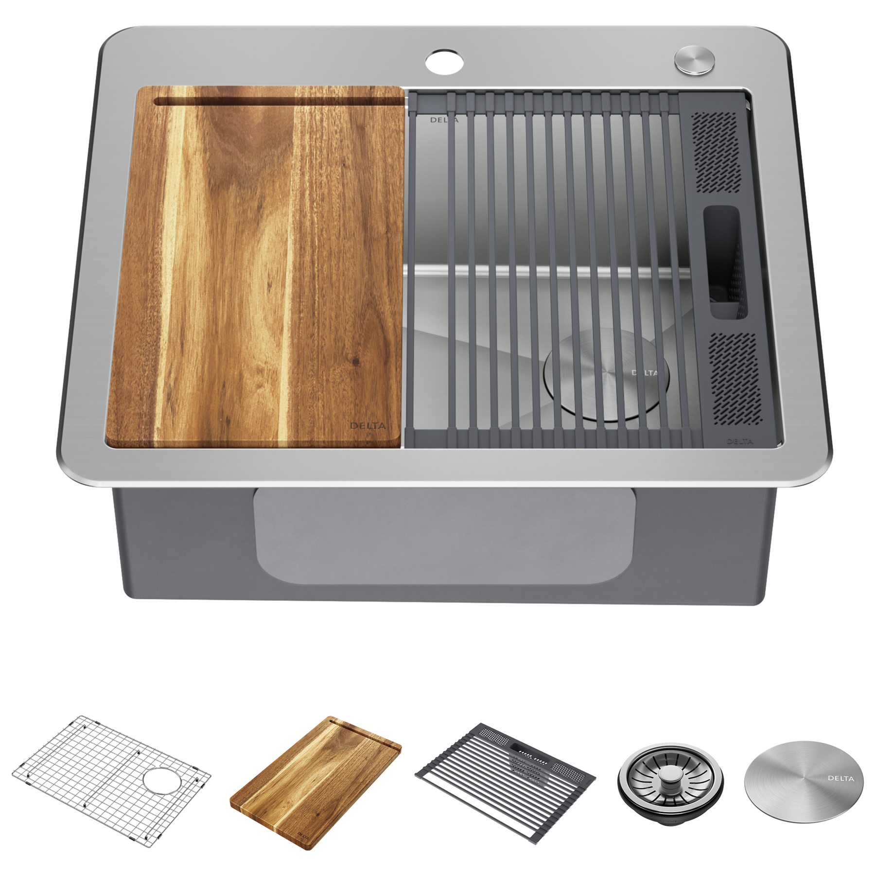 25&rdquo; Workstation Kitchen Sink Drop-In Top Mount Stainless Steel Single Bowl with WorkFlow&trade; Ledge and Accessories