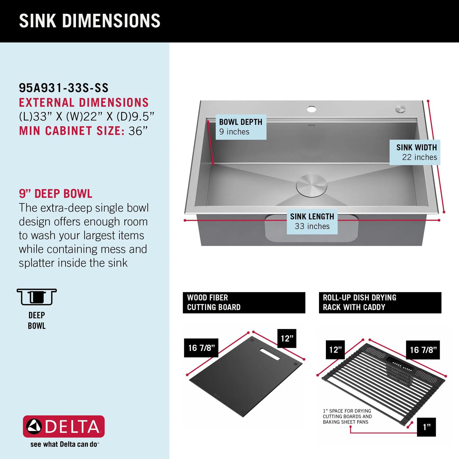 33&rdquo; Workstation Kitchen Sink Drop-In Top Mount 16 Gauge Stainless Steel Single Bowl with WorkFlow&trade; Ledge and Accessories