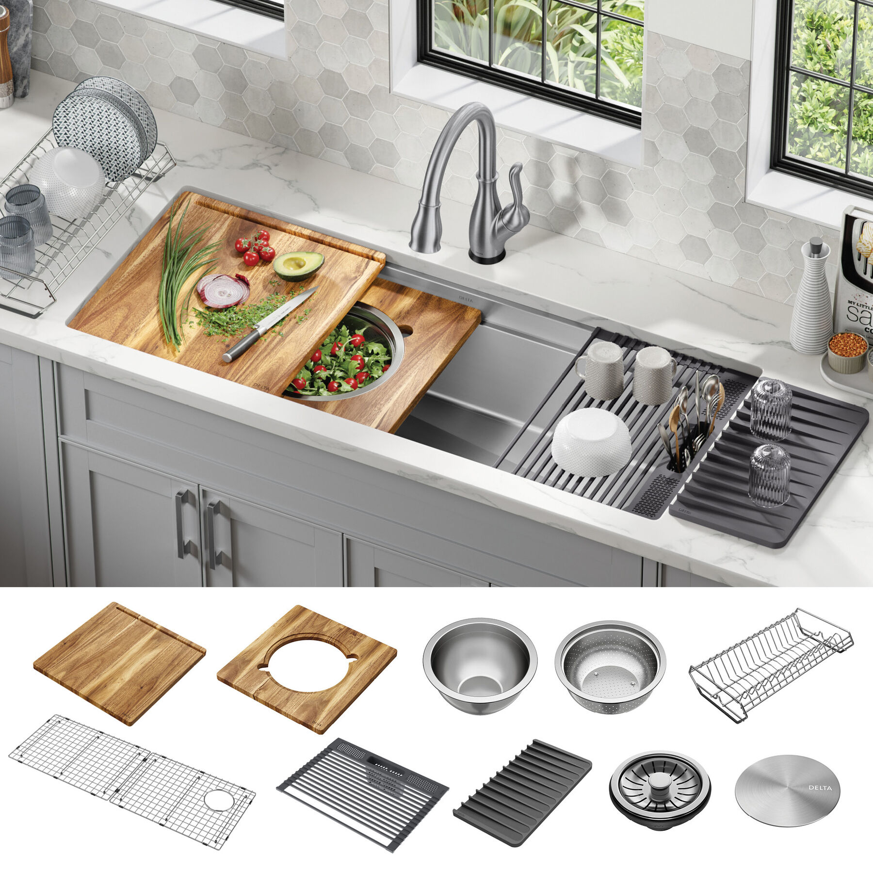 45&rdquo; Workstation Undermount Single Bowl 16 Gauge Stainless Steel Kitchen Sink with 2-Tier&nbsp;WorkFlow&trade; Ledge and Accessories