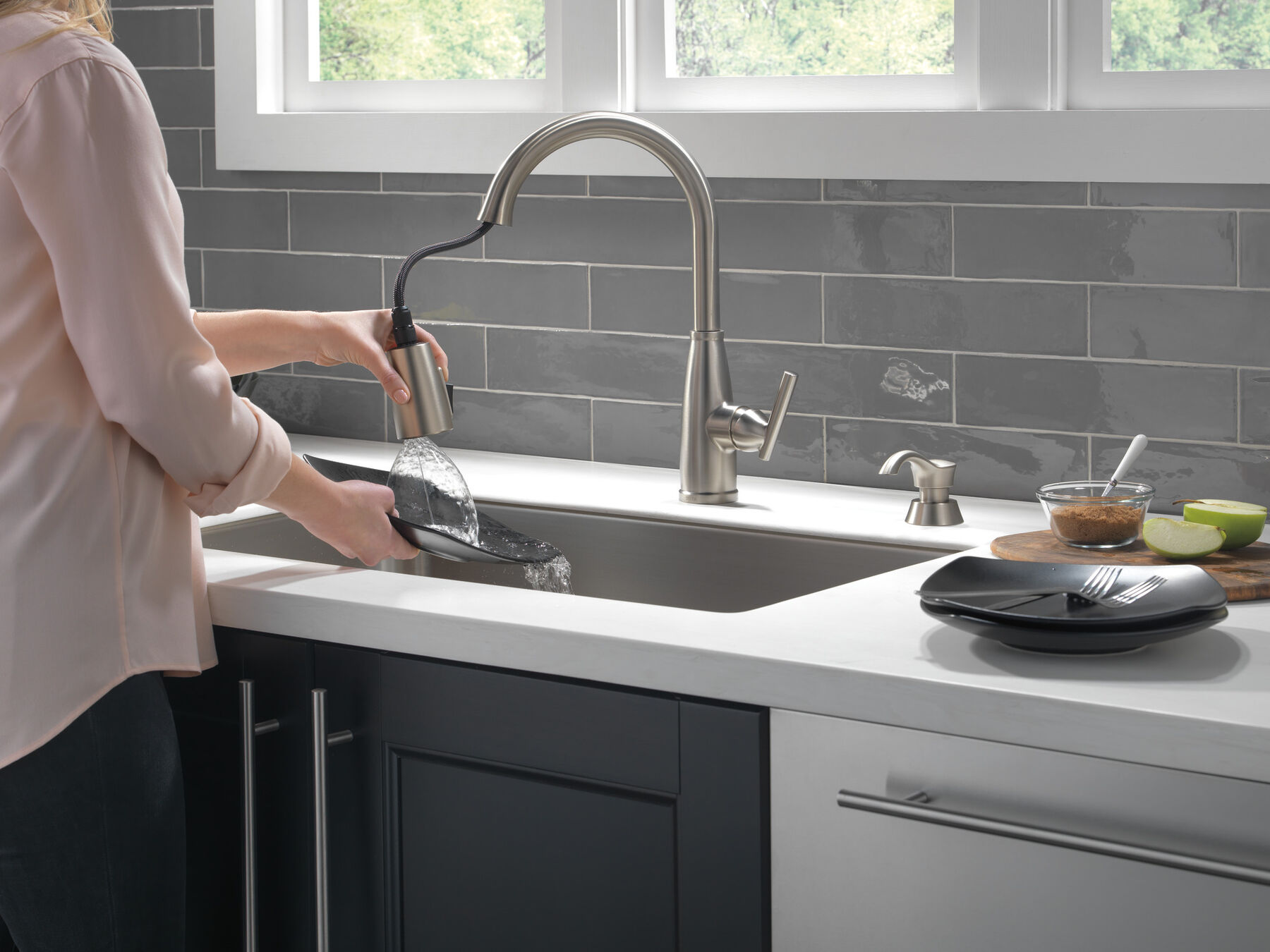 Single Handle Pull-Down Kitchen Faucet with Soap Dispenser and ShieldSpray Technology