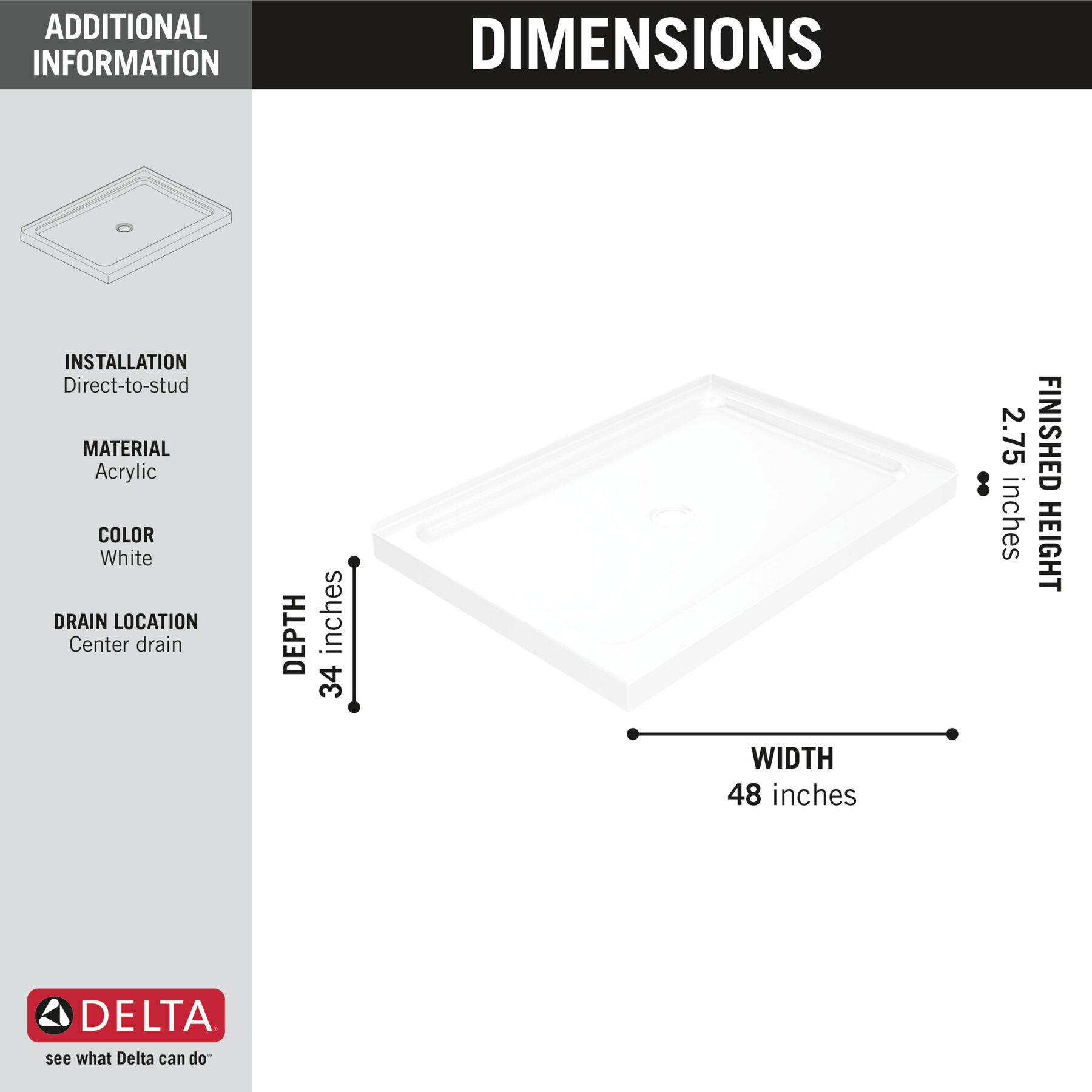 48&rdquo;x34&rdquo; Right Corner Center Drain Shower Base